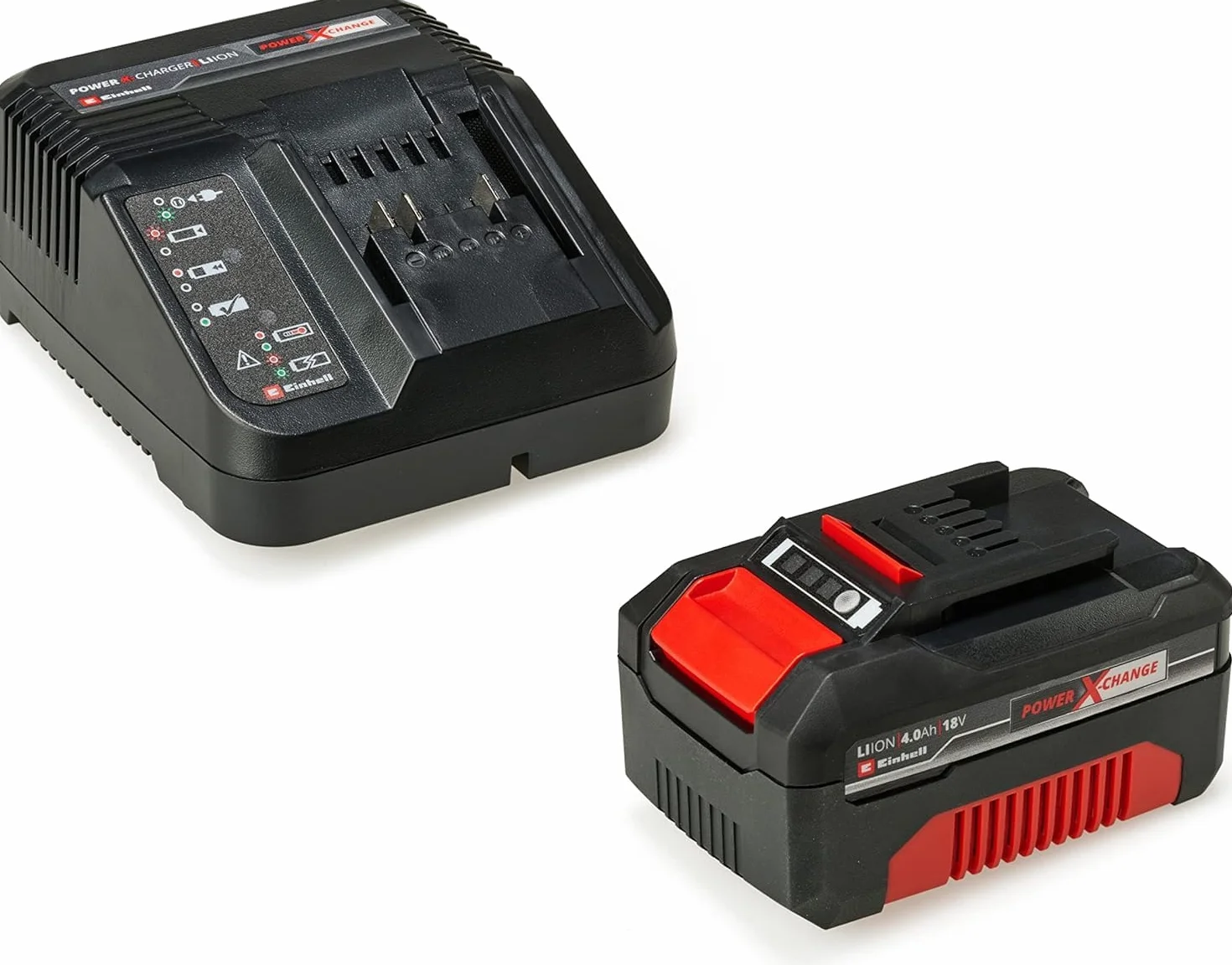 Einhell Power X-Change Akumulator z Ładowarką, Czarny/Czerwony, ‎ & Einhell Akumulatorowa dmuchawa do liści GC-CL 18 Li E-Solo Power X-Change