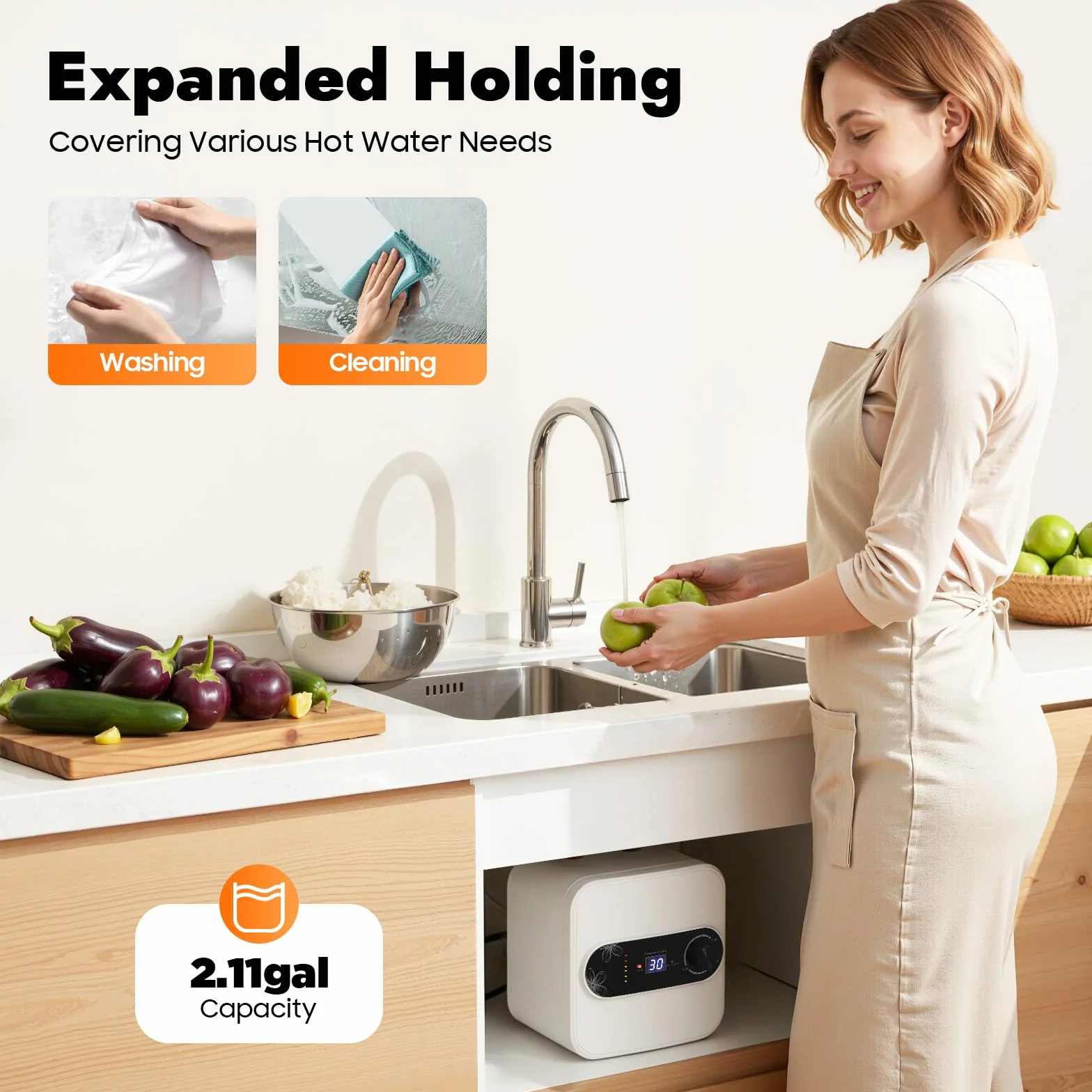 Podszafkowy bojler 8 l, 1500 W, 220 V, odporny na ciśnienie, mała pamięć, zbiornik ciepłej wody, mini podgrzewacz wody 30-65°C do umywalek, kuchni, łazienki