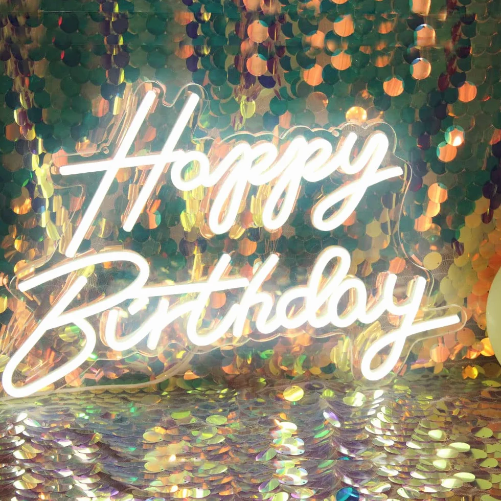 Neonowy znak LED „Happy Birthday”, nocny, dekoracja na przyjęcie urodzinowe, biały, zasilany przez USB, tło na przyjęcie, do sypialni, ścienny, 5 V