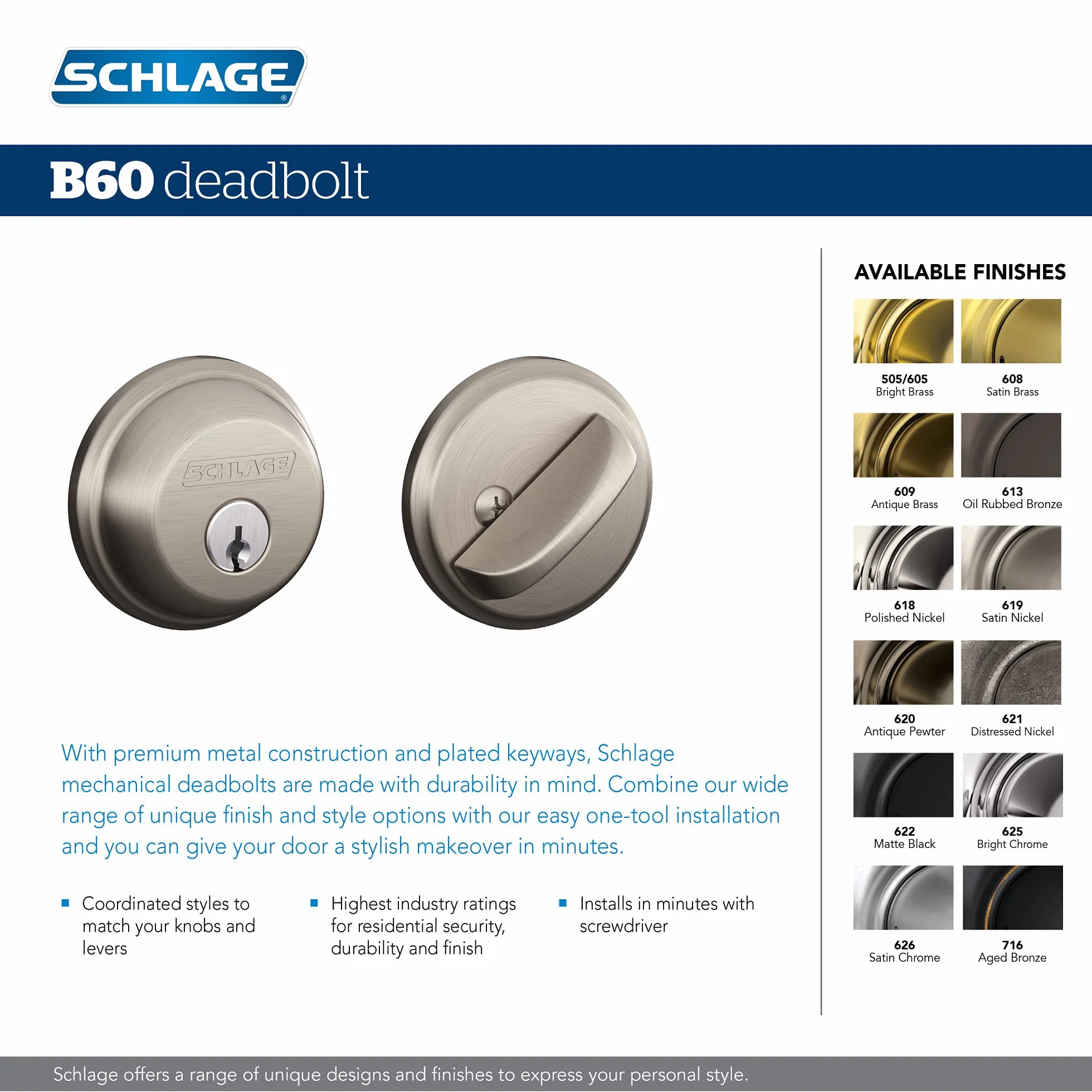 Schlage Lock Company Zamek zasuwkowy jednocylindrowy satynowy mosiądz B60 N 608