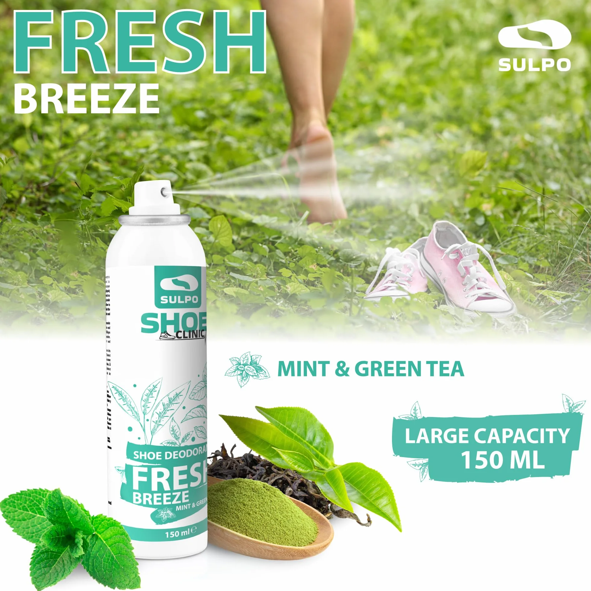 SULPO Shoe Clinic dezodorant do butów - przeciw nieprzyjemnemu zapachowi - spray do butów odor stop - odświeżający spray do usuwania zapachu z butów - mięta i zielona herbata 150ml