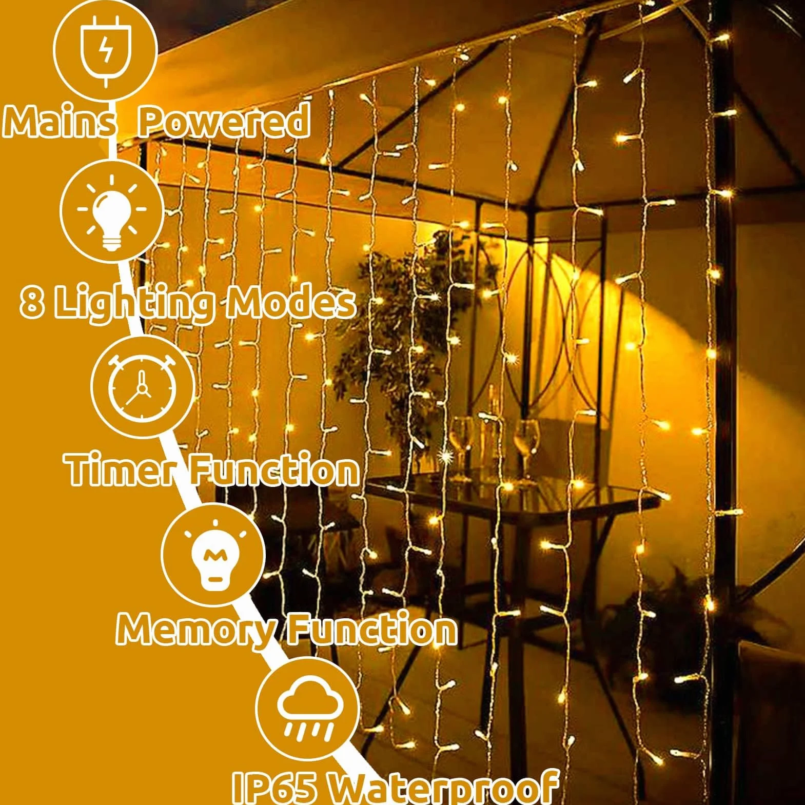 Joycome Kurtyna świetlna na zewnątrz, 3 m x 3 m, 300 diod LED, zasłona z wtyczką, 8 trybów, wodoszczelny, łańcuch świetlny, do pokoju, na balkon, imprezę, do namiotu, na wesele, do użytku na zewnątrz