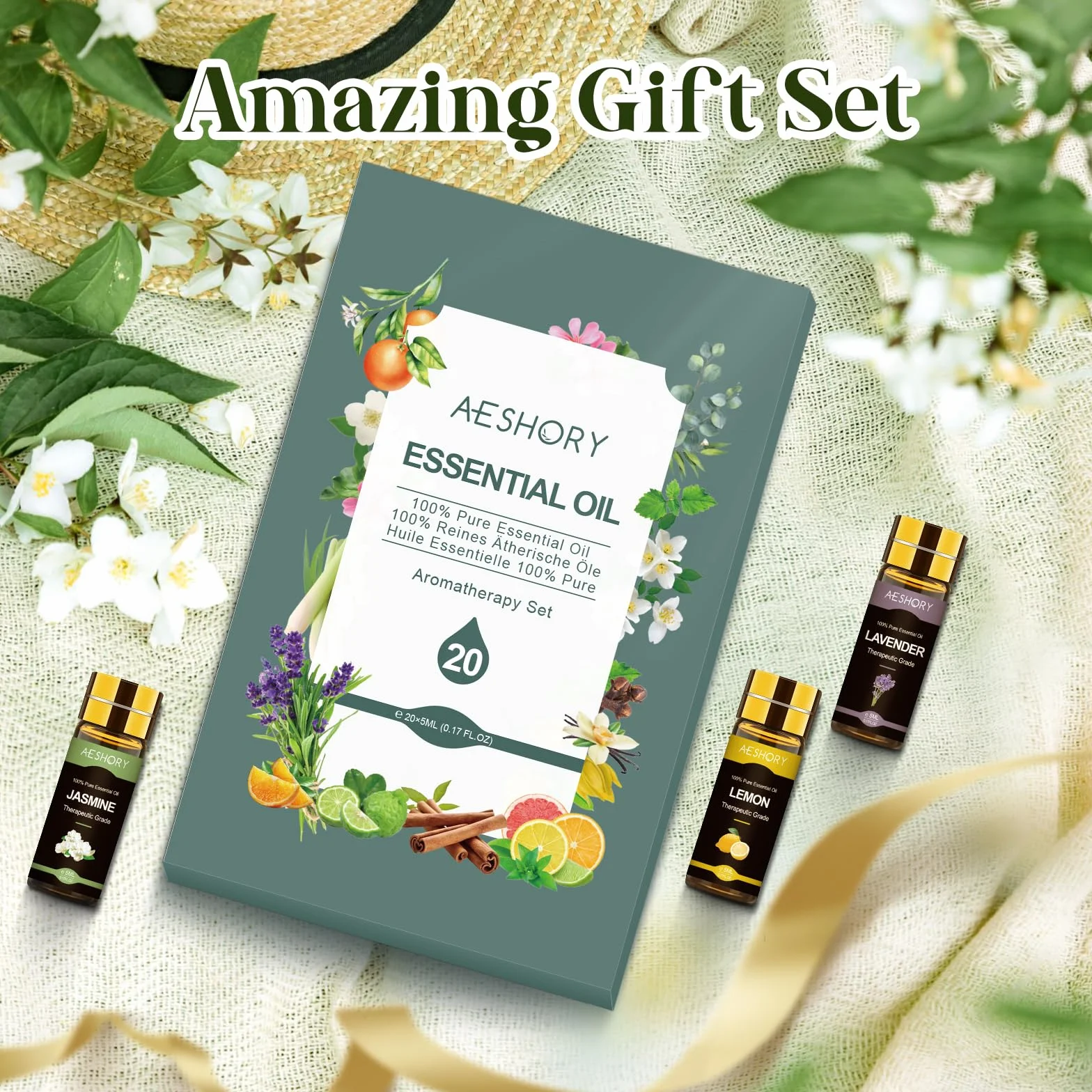 Aeshory 20 x 5ml Zestaw Olejków Eterycznych – 100% Naturalne Olejki Zapachowe Do Dyfuzorów, Nawilżaczy Powietrza, Aromaterapii, Masażu, Świec Zapachowych, Perfum I Mydła