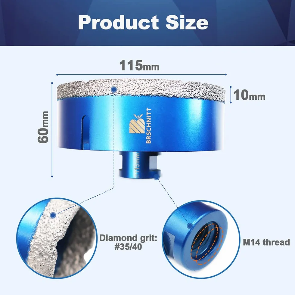 Wiertło diamentowe 115mm, BRSCHNITT 1 szt. M14 lutowane próżniowo diamentowe wiertło rdzeniowe Otwornica do płytek kamionkowych kamionkowych Ceramiczne marmurowe wiercenie granitowe, odpowiednie do szlifierek kątowych