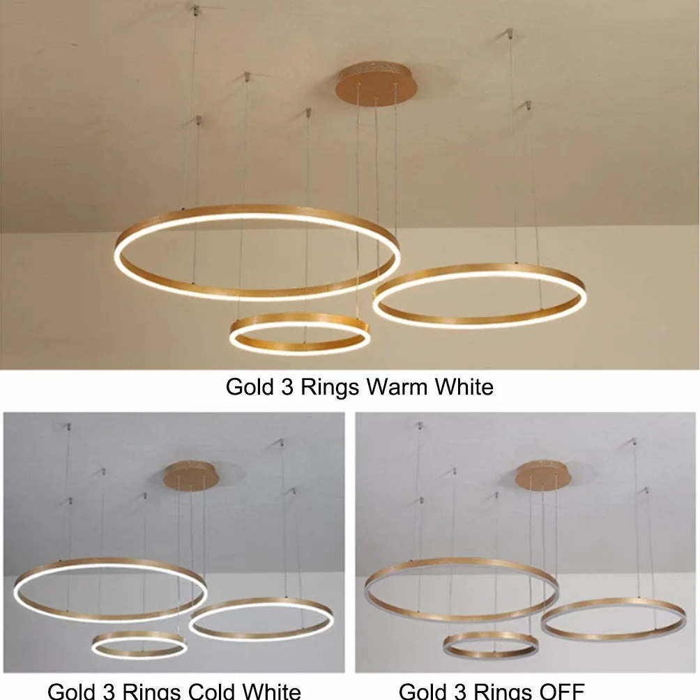 Lampa wisząca LED, do jadalni, do salonu, przyciemniana, z pilotem zdalnego sterowania, nowoczesny żyrandol, okrągły, z aluminium, akrylu, lampa sufitowa, 65 W, złota, 3 okręgi, 30 + 50 + 70 cm