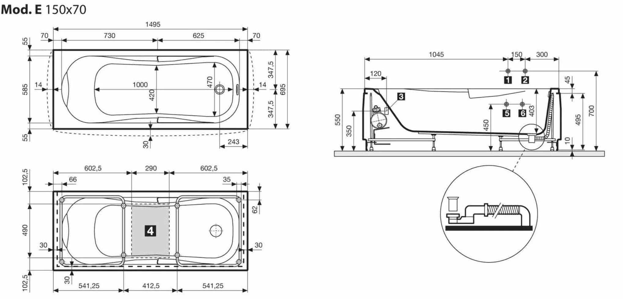 Wanna z hydromasażem prostokątna opona Novellini Calypso Eco 150 x 70 x wys. 55 cm 150 l kolumna 1 panel przedni 1 boczny dwustronna rama hydro-Whirlpool wzmocniona akrylowa biała błyszcząca