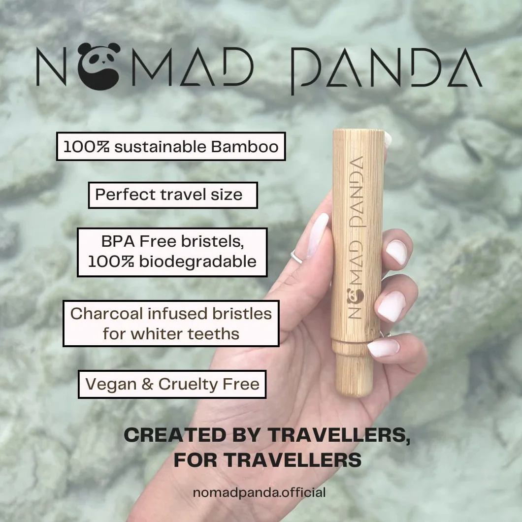 NOMAD Panda bambusowa szczoteczka do zębów, bambusowe etui, szczoteczka do zębów z uchwytem na szczoteczki do zębów, przyjazna dla środowiska podróżna szczoteczka do zębów, składana, przenośne etui na