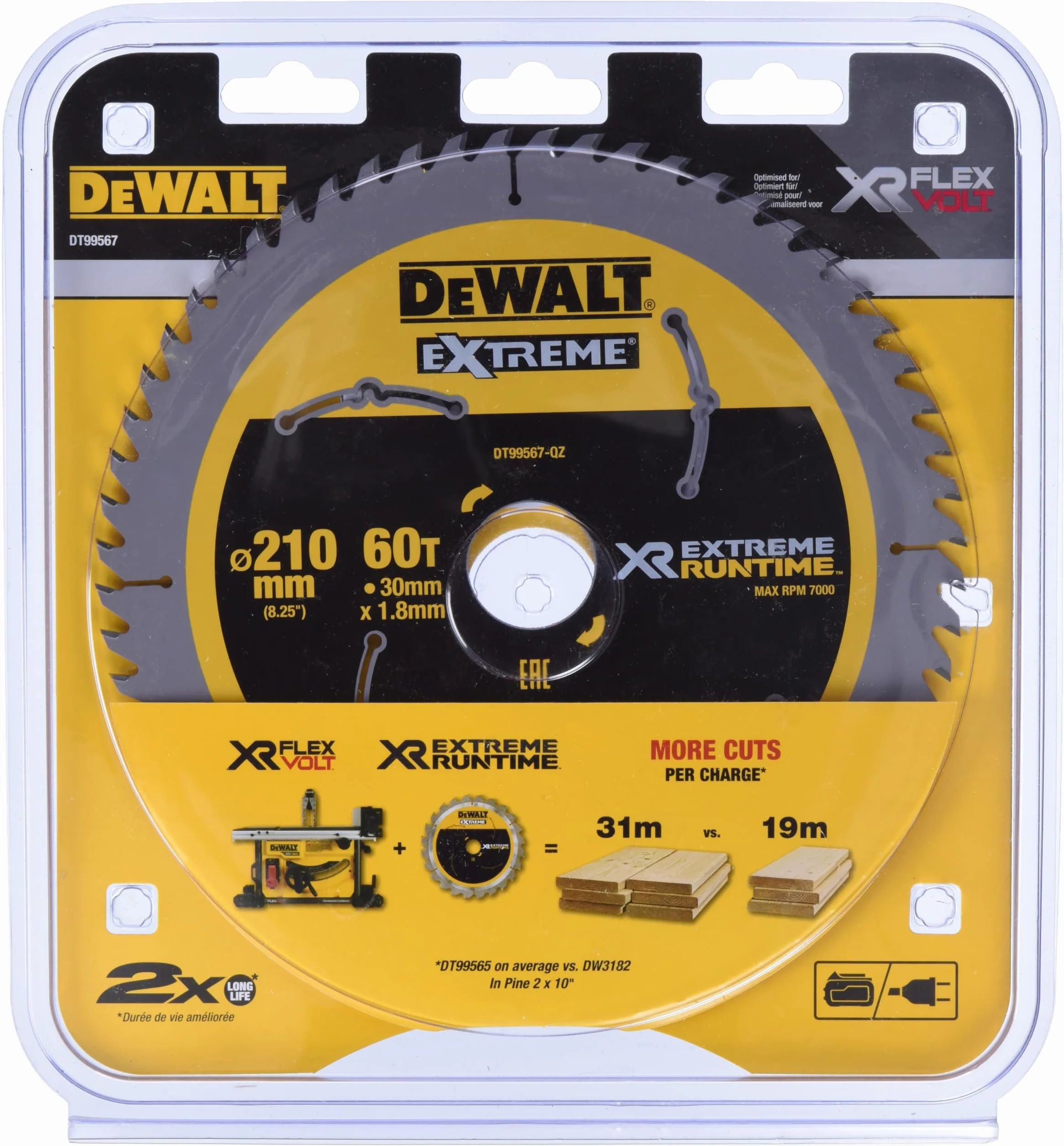 Dewalt XR Extreme Runtime brzeszczot do piły tarczowej DT99567 (210/30 mm, 60 WZ/FZ, 20°, do bardzo drobnych cięć, do stosowania na piłach stacjonarnych (akumulator), do drewna z gwoździami), 1 sztuka
