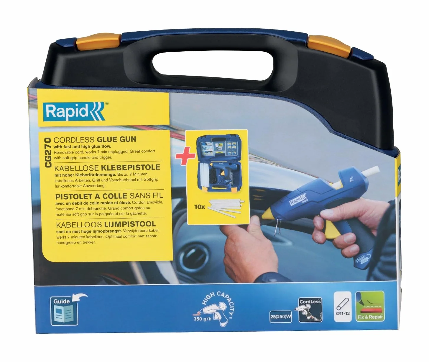 Rapid CG270 pistolet do klejenia na gorąco z odłączanym kablem – zestaw 10 wkładów do kleju i walizka – do majsterkowania, naprawy; przepływ kleju 400 g/h – do 12 mm