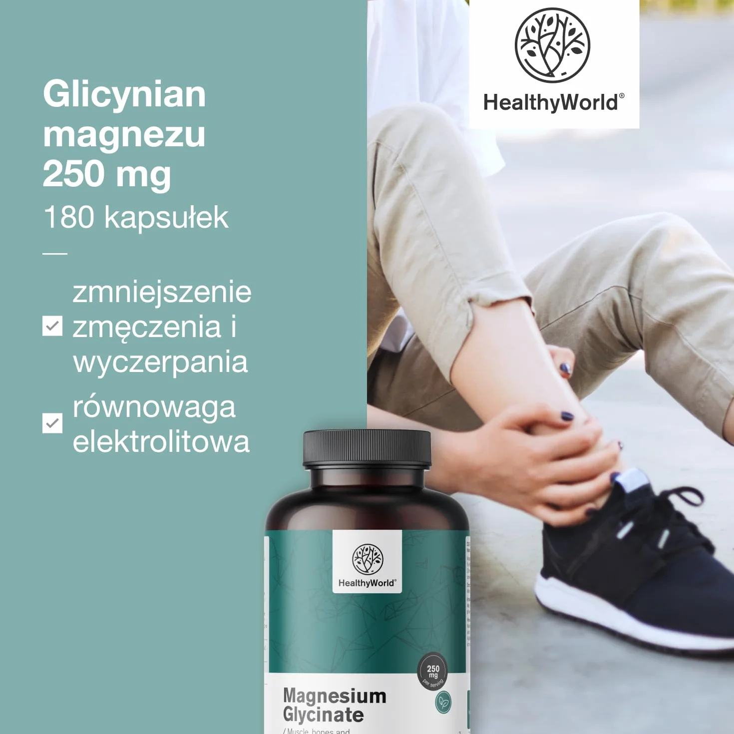 HealthyWorld Glicynian magnezu 250 mg - 180 kapsułek roślinnych - Na wzrost energii i wsparcie mięśni - Trening, kondycja i układ odpornościowy - 125 mg magnezu na kapsułkę - zapas na 3 miesiące
