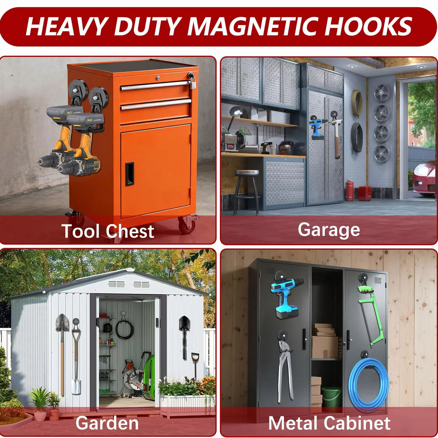 3-H Zestaw 4 magnetycznych haczyków garażowych (2 duże + 2 małe mocne haczyki magnetyczne), haczyk z magnesem do zawieszenia 20 kg na stół warsztatowy, do warsztatu, garażu, szopy, czarny