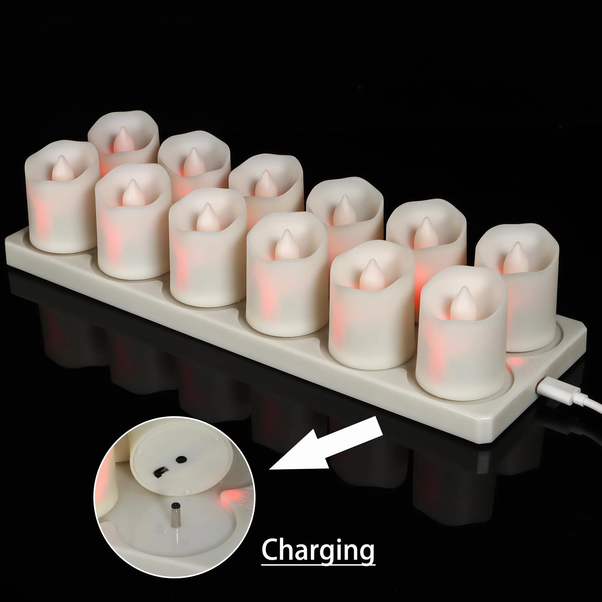 FREEPOWER 12 sztuk akumulatorowych świeczek LED z stacją ładującą, kablem USB i pilotem zdalnego sterowania – funkcja timera, migotanie w ciepłej bieli, Ø4x4,5cm