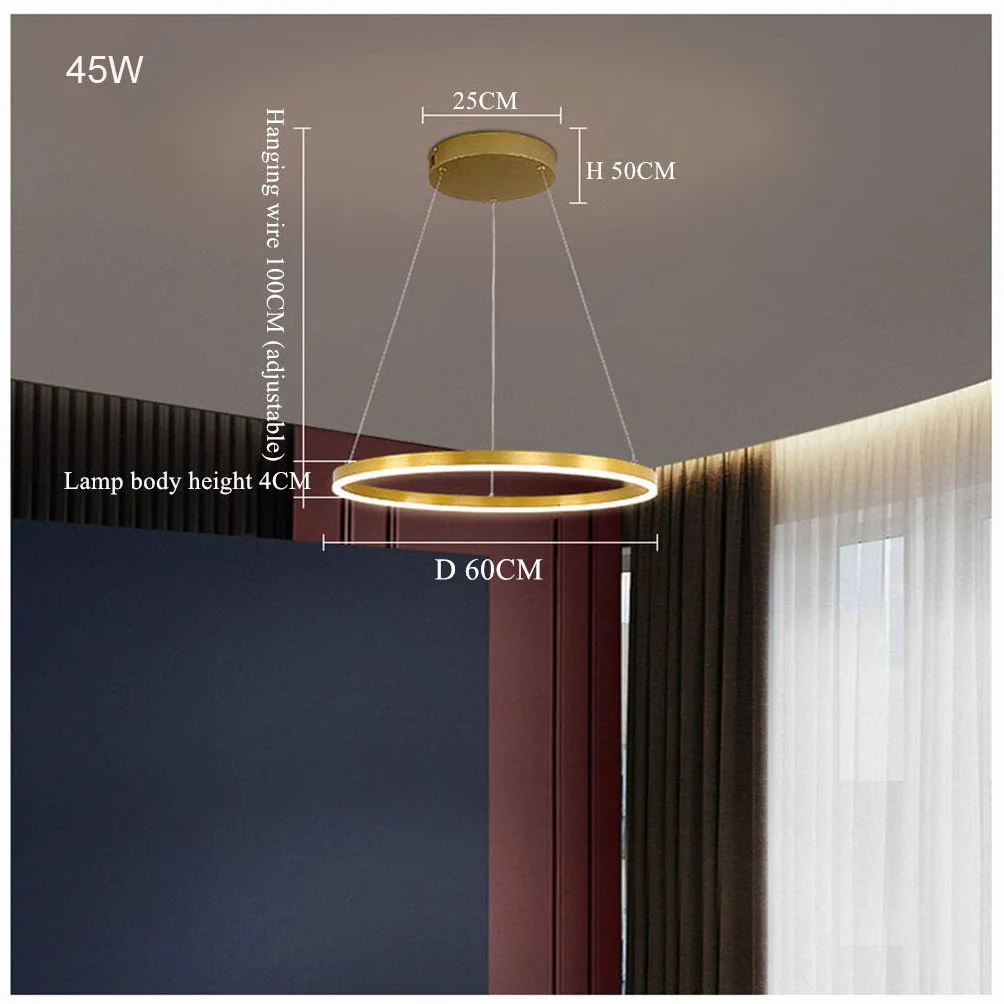 Lampa wisząca LED, do salonu, z żyrandolem, nowoczesna, do jadalni, okrągła, z aluminium, akrylu, lampa sufitowa, złota, 1 okrąg, 60 cm
