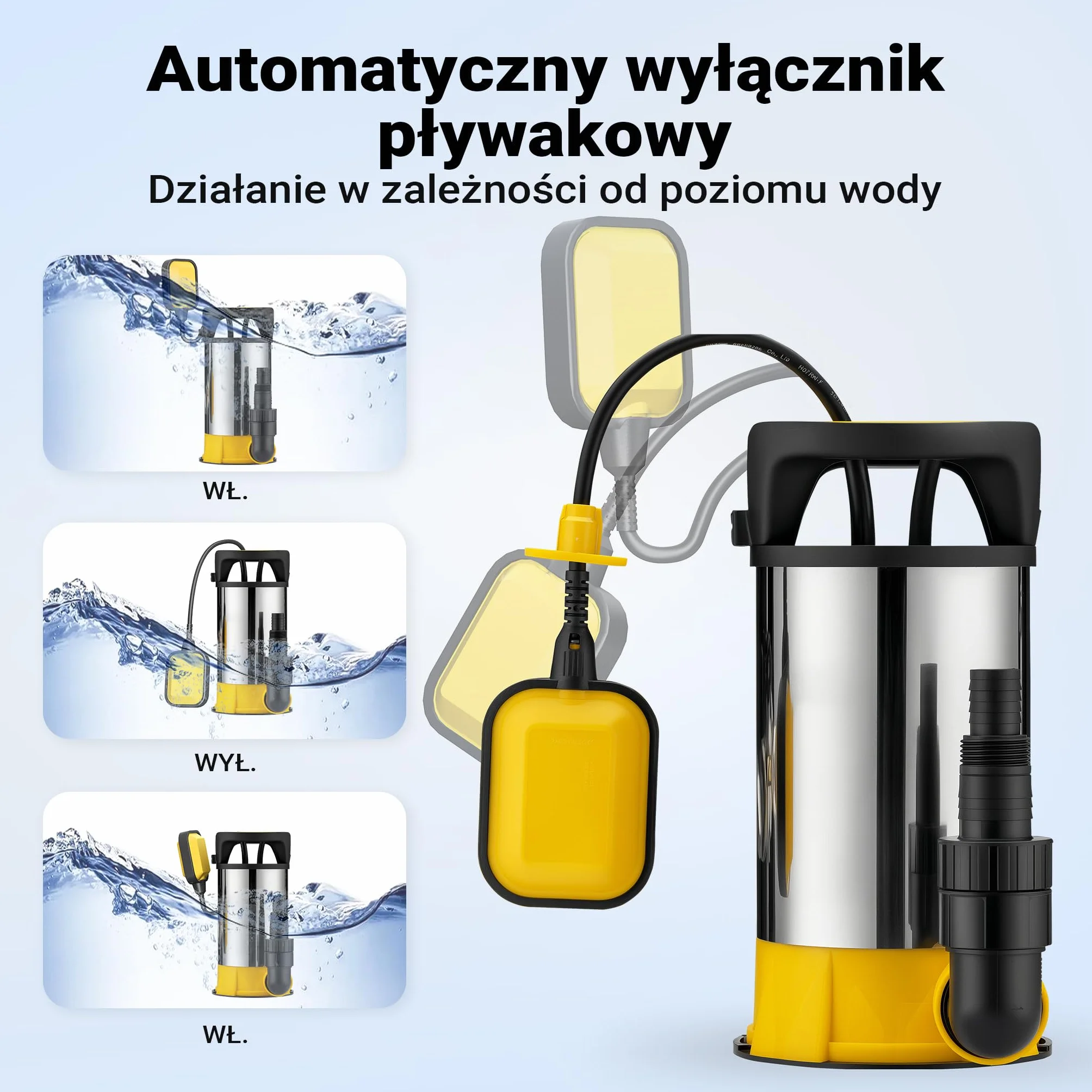 Wiltec Pompa zanurzeniowa 3-w-1 do wody czystej i brudnej, ze stali nierdzewnej i PPO, 1100 W z przepływem 18000 l/h, z dwoma podstawkami na różne wymagania