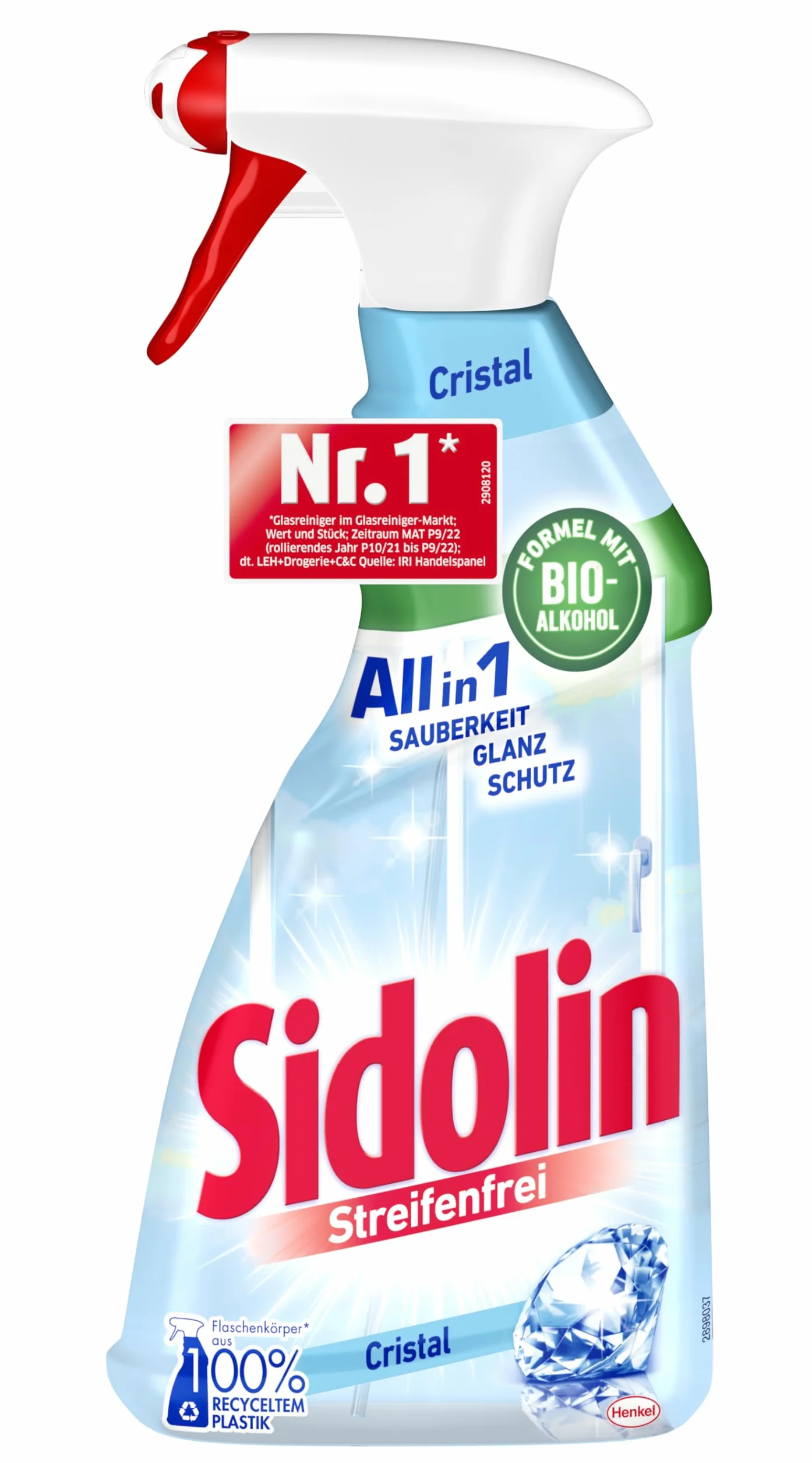 Sidolin Cristal, płyn do czyszczenia szkła (500 ml), butelka z rozpylaczem, zapewnia doskonały połysk i zapobiega mikropęknięciom