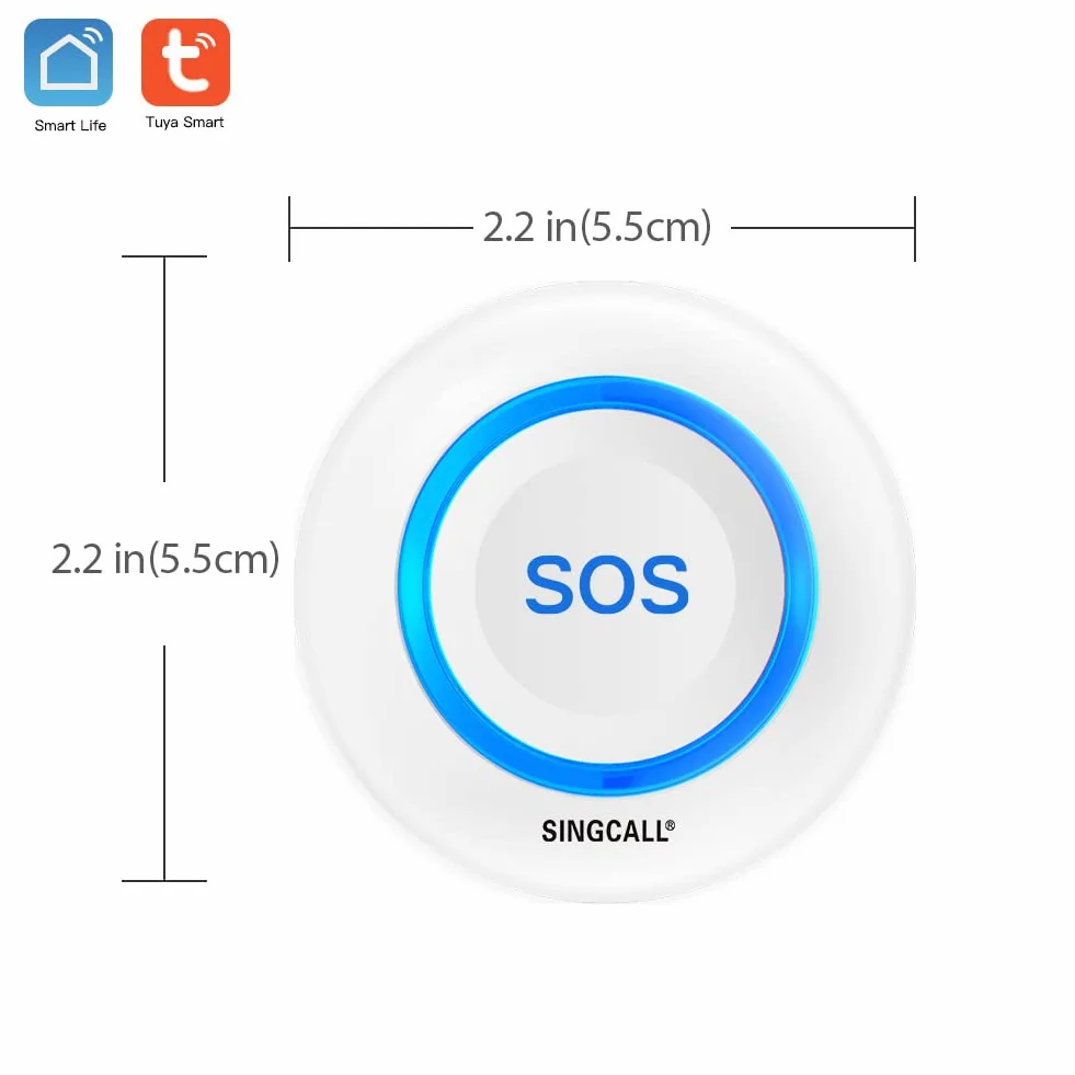SINGCALL Tuya Wifi Smart Przycisk Alarm SOS dla Osób Starszych/Dzieci, Alarm dla Pacjentów w Podeszłym Wieku, Niebieski Przycisk Połączenia, Podłączenie do Telefonu(odpowiednie dla środowisk domowych)