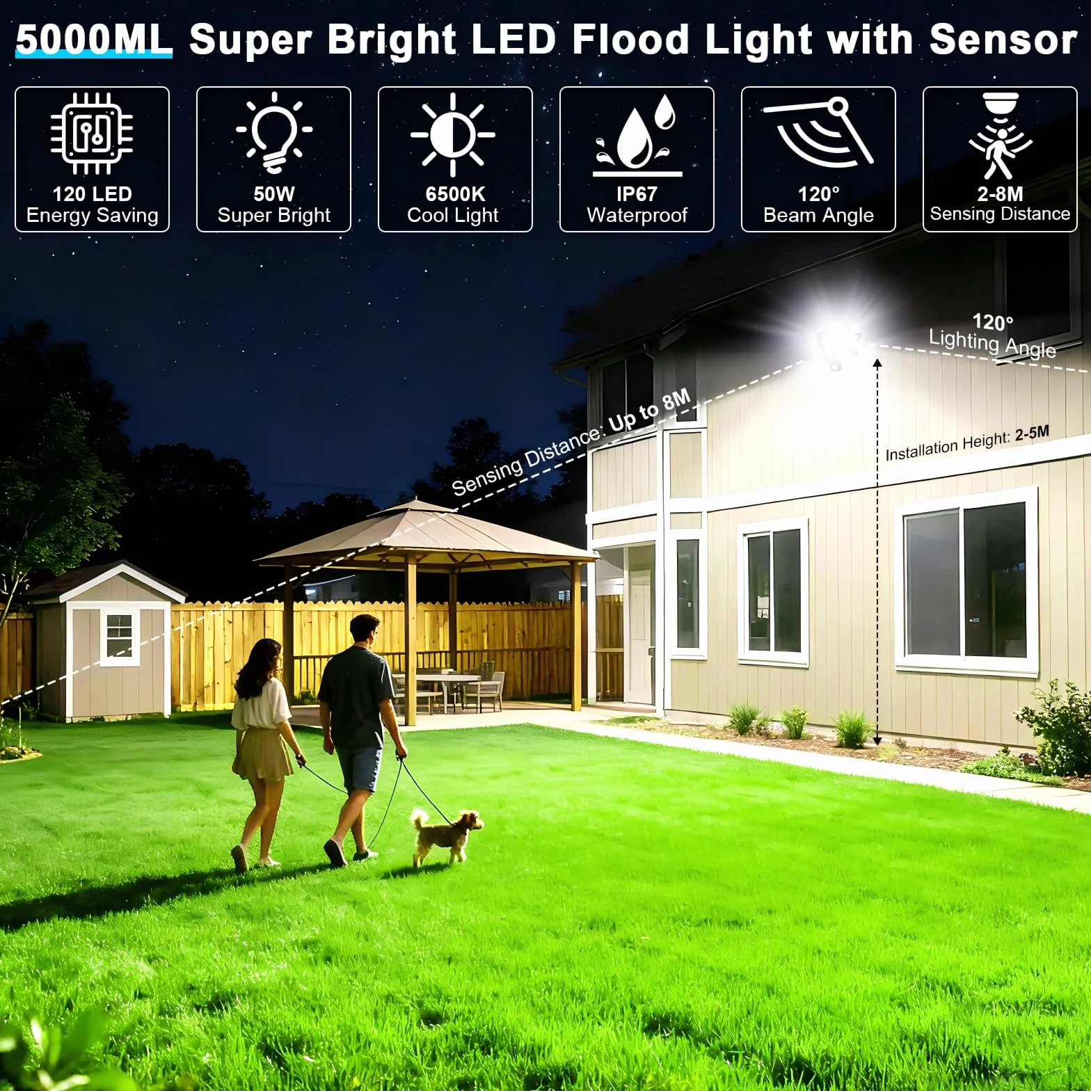 Reflektor LED 50 W z czujnikiem ruchu, do użytku na zewnątrz, 2 sztuki, 5000 lm, 6500 K, zimna biel, reflektor LED, do użytku na zewnątrz, IP67, wodoszczelny, do ogrodu, garażu, mieszkania, na
