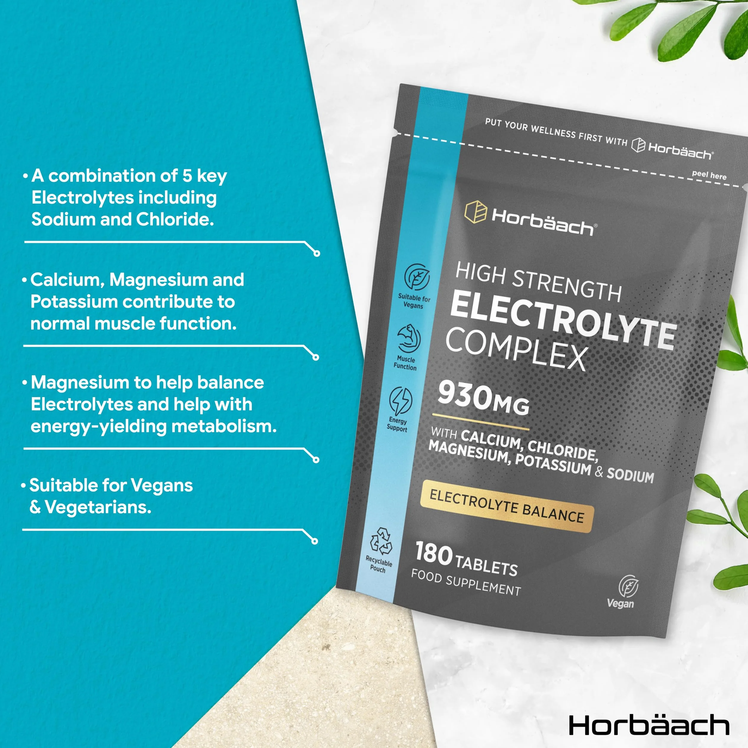 Tabletki elektrolitowe 1575 mg Horbaach 240 wegańskich tabletek z potasem chlorkiem wapniem magnezem sodem