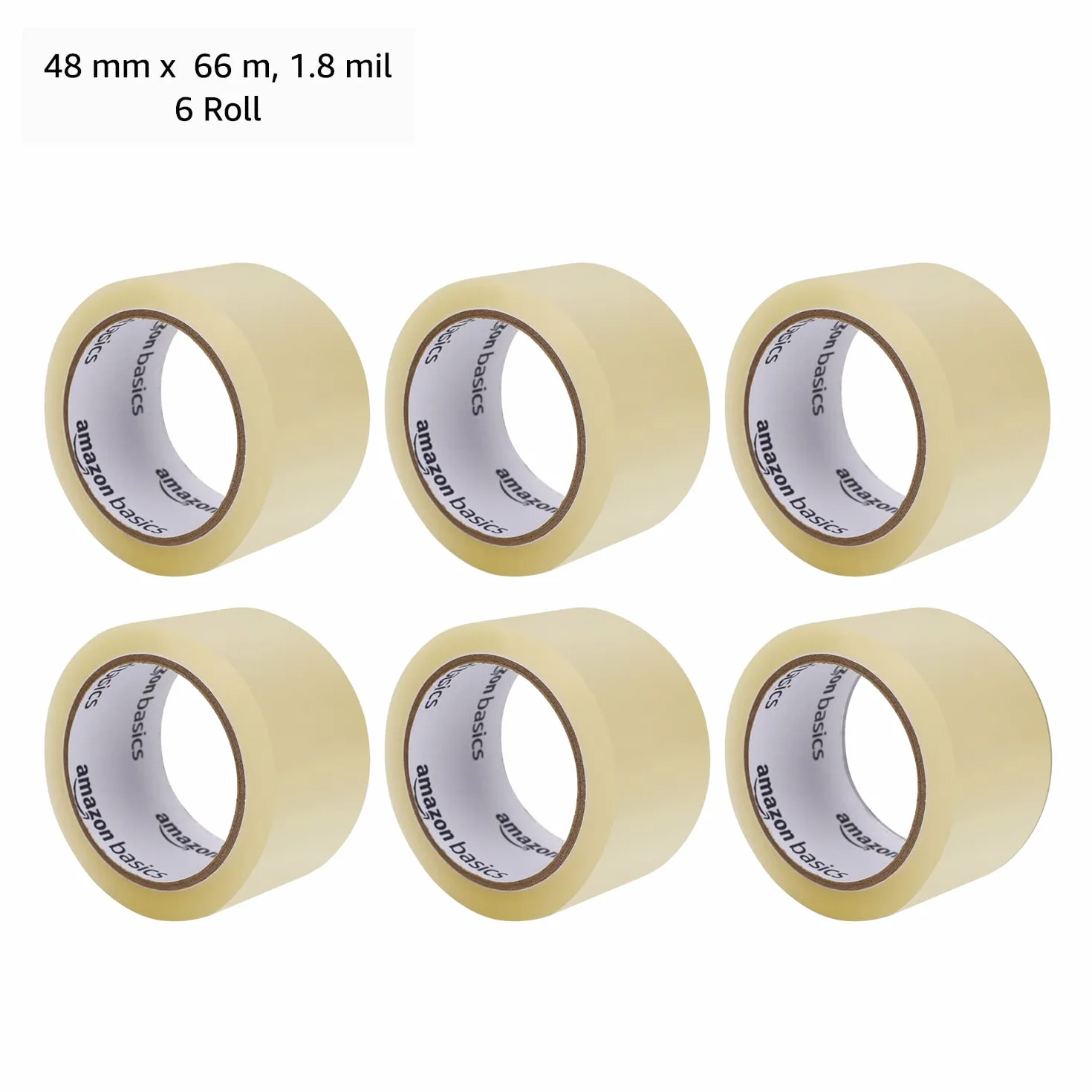 Amazon Basics Taśma Pakowa, 48 mm × 66 m, Grubość 1,8 mil (46 mcm), Przezroczysta, 6 Rolek