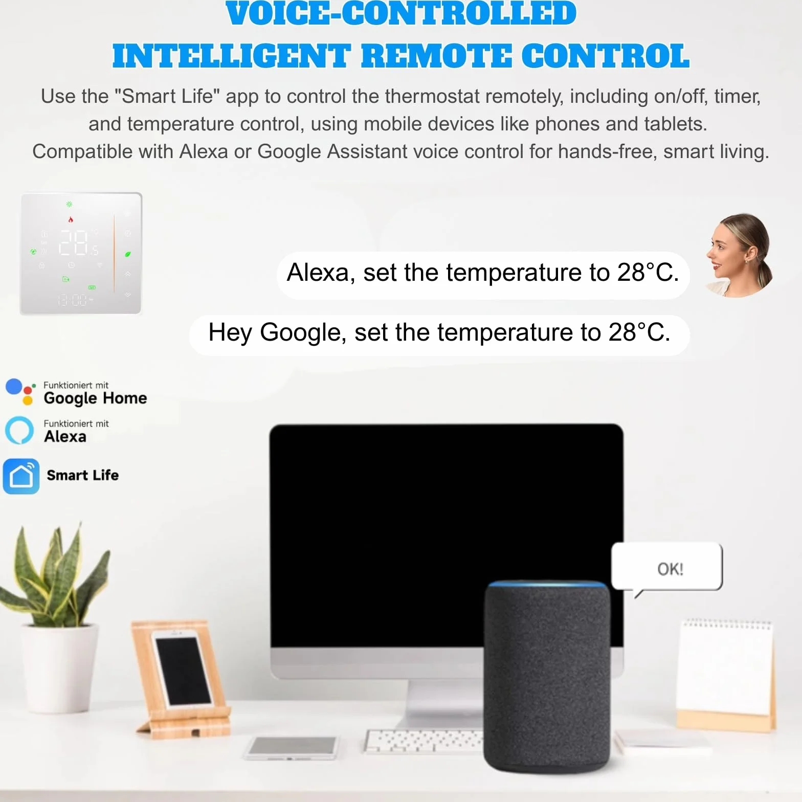Inteligentny termostat WiFi do kotła grzewczego gazowego, termostat, cyfrowy termostat pokojowy do ogrzewania gazowego, kompatybilny z Smart Life/Google Home/Alexa, 5 A, 230 V, BHT-006GCLW