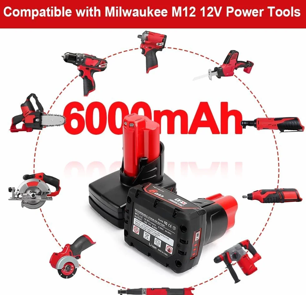 Powarobor 2 Pack M12B6 12V 6,0Ah akumulator litowo-jonowy zastępczy kompatybilny z akumulatorami narzędzi elektrycznych Milwaukee M12 Li-ion z wyświetlaczem LED 48-11-2460