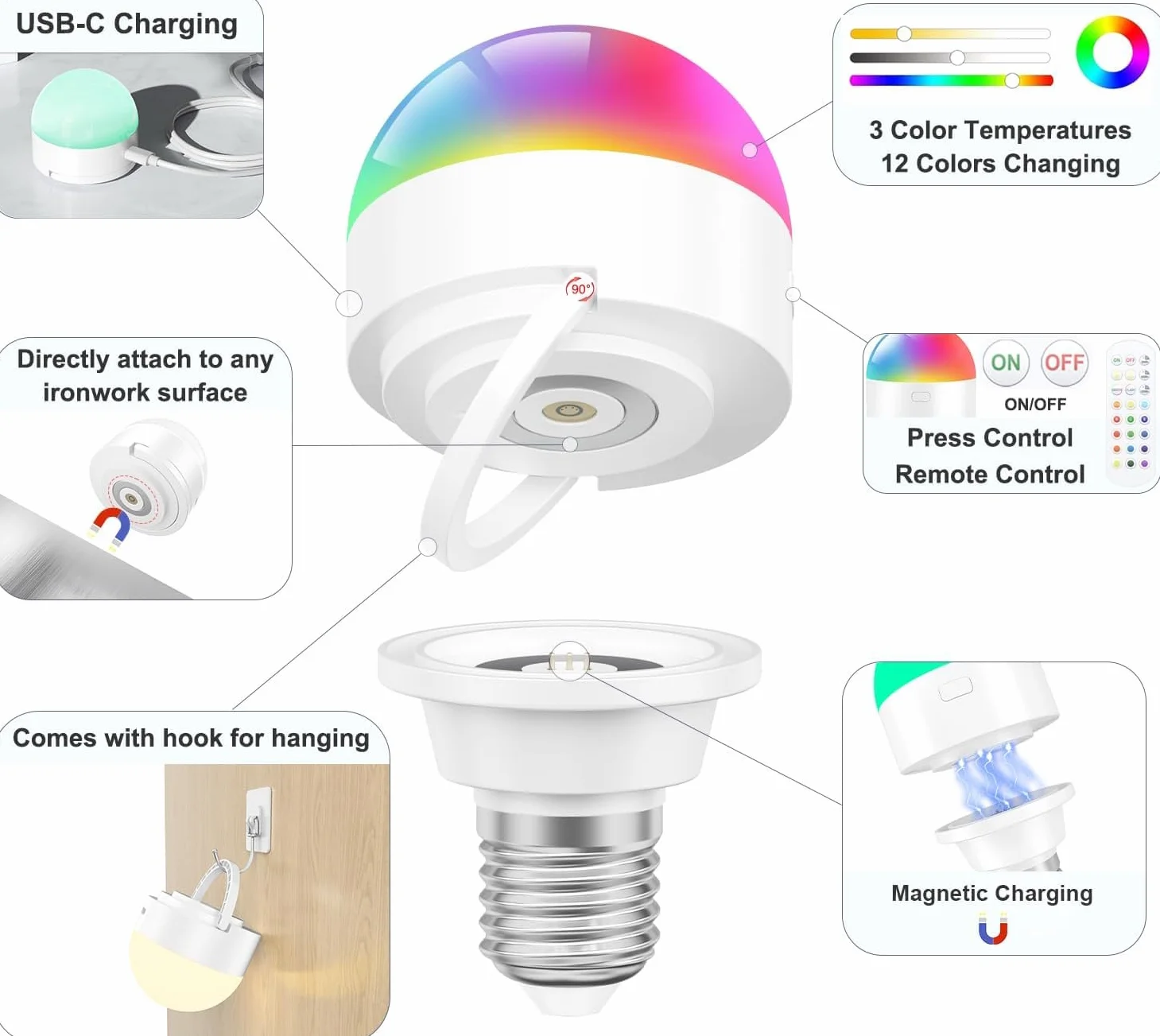 Oumida Żarówka LED do ponownego ładowania USB-C z pilotem zdalnego sterowania, E27 kolorów RGB, żarówka LED z baterią, 3 W, sterowanie dotykowe, z funkcją timera, światło awaryjne z magnesem (biała x