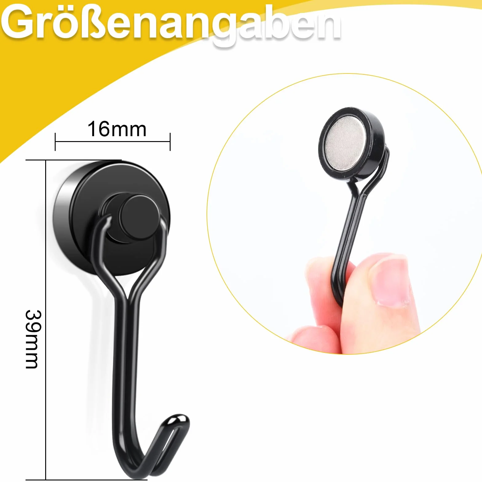 FPMYB 10 sztuk bardzo mocnych haczyków neodymowych 16 mm, nośność 9 kg, obracane o 360°, haczyki magnetyczne, do kuchni, grilla, na kemping, do szafki, biura, czarne