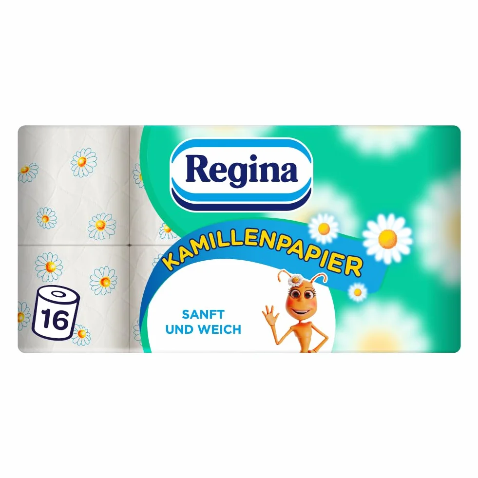 Regina Papier Rumiankowy 16 Rolek po 150 Listków, Miękki i Delikatny, Zapachowy, z Nadrukiem, 3 Warstwy, Duże Opakowanie, Certyfikat FSC, Czysta Celuloza, Atest NIZP-PZH
