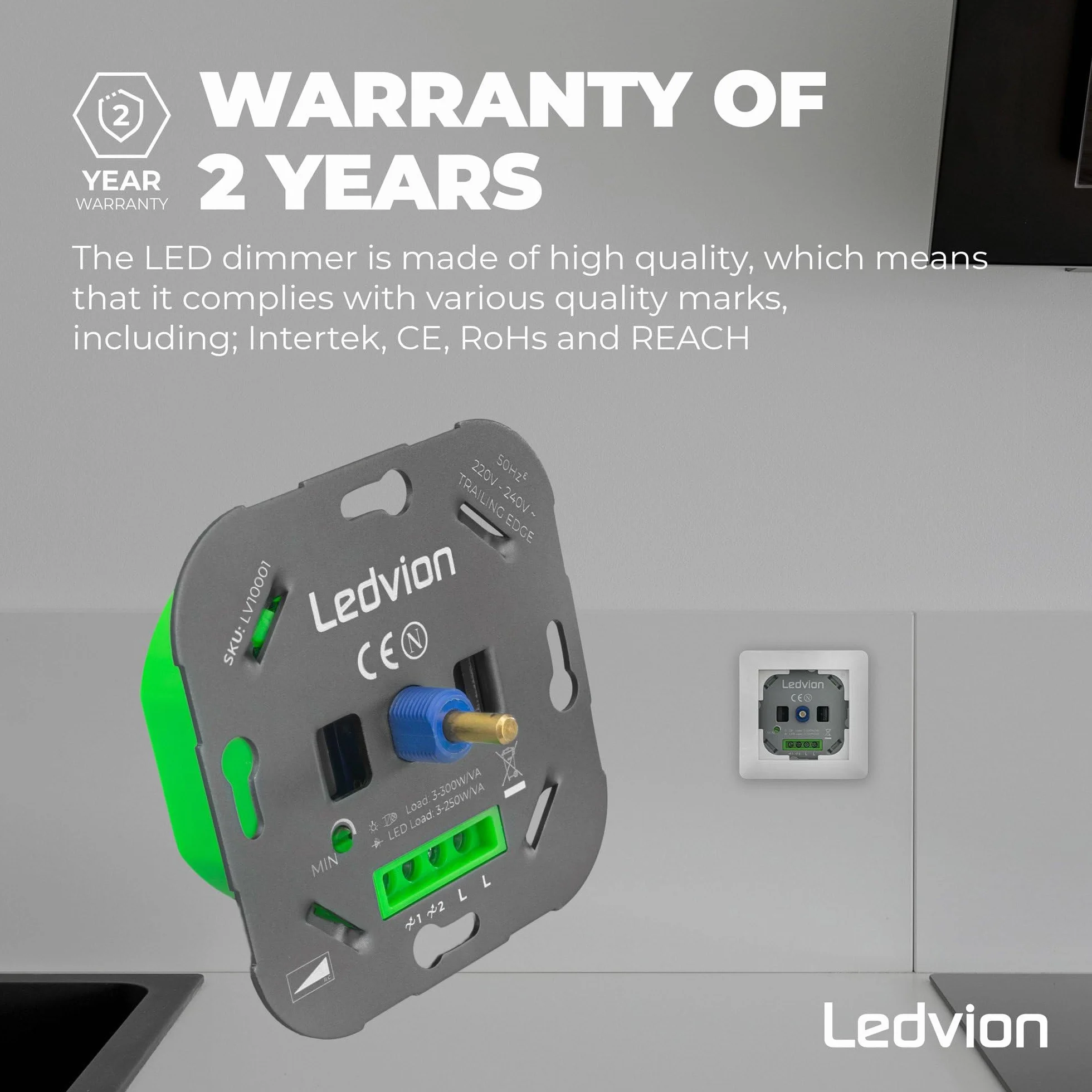Ledvion Przełącznik ściemniacza LED, LED 3-250 W/halogenowe 3-300 W, biała pokrywa, cięcie fazowe, wbudowany obrotowy ściemniacz, wariator obrotowy LED