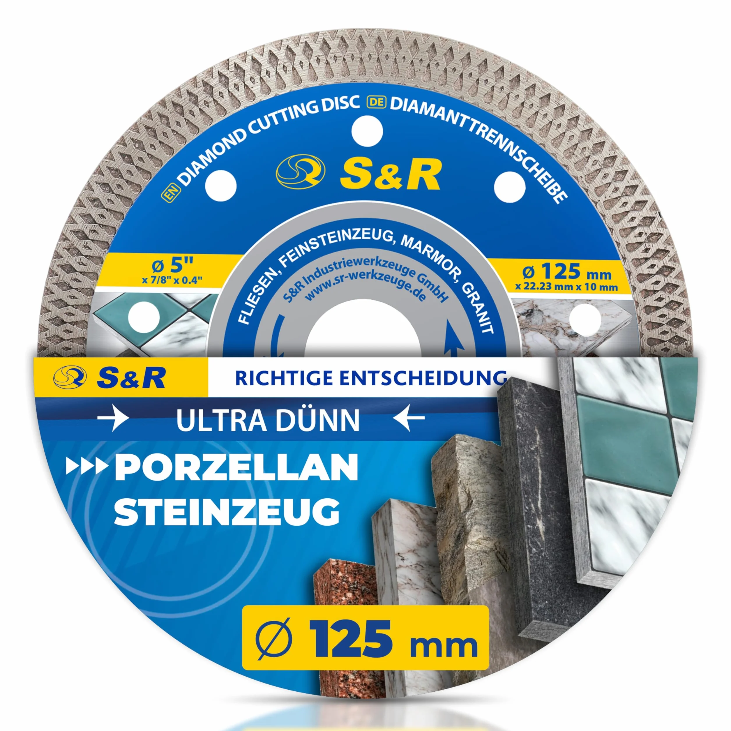 S&R Diamentowa tarcza do cięcia płytek, 125 mm, tarcza diamentowa 125 mm, 125 x 22,23 x 25 x 1,7 mm, do porcelany, gresu porcelanowego, twardych płytek, granitu z ornamentową krawędzią