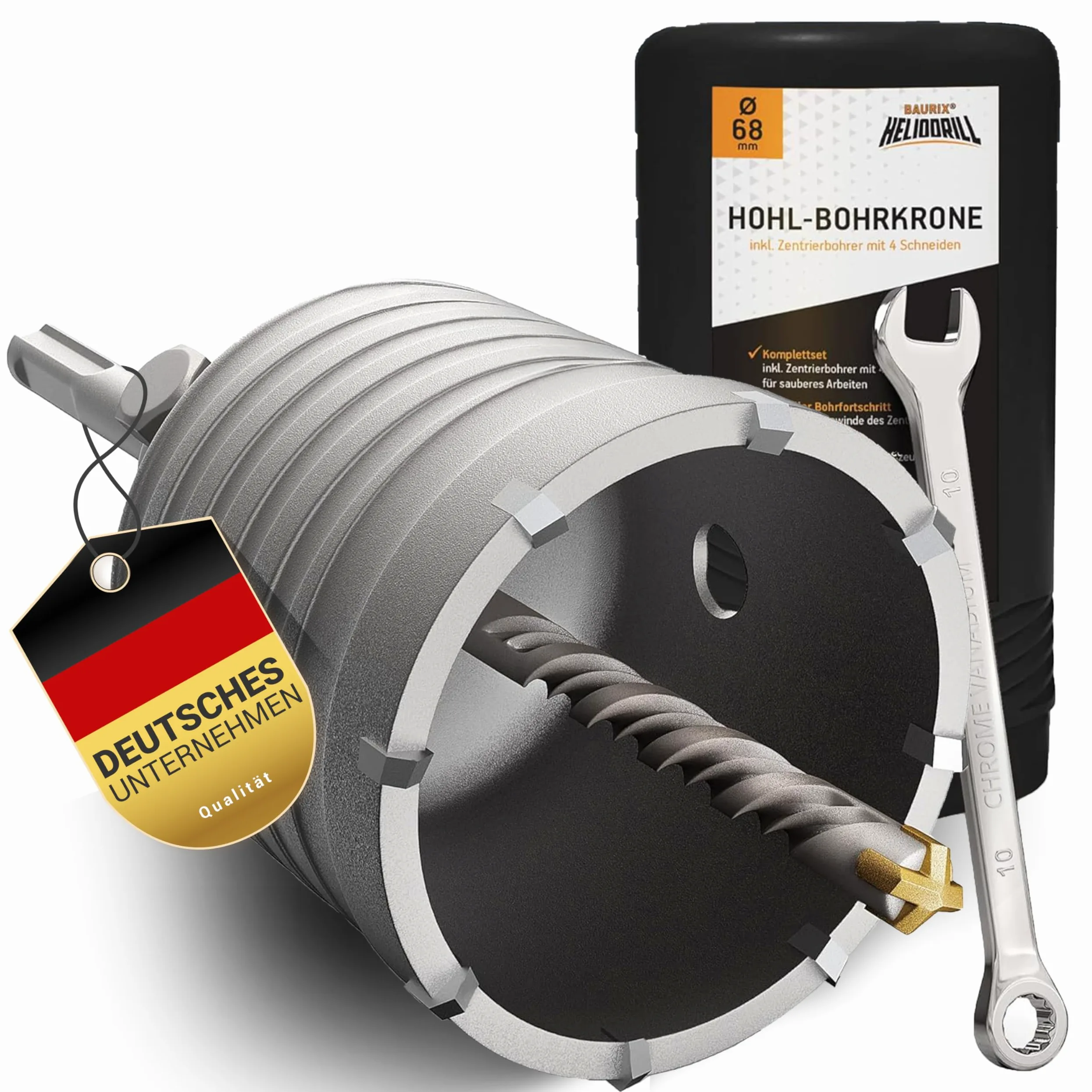 BAURIX® Koronka do puszek SDS Plus 68 mm – 8 zębów z węglika | Czyste otwory pod gniazda w murze, cegle i płycie GK – krzyżowy grot centrujący, chwyt do wiertarki udarowej.