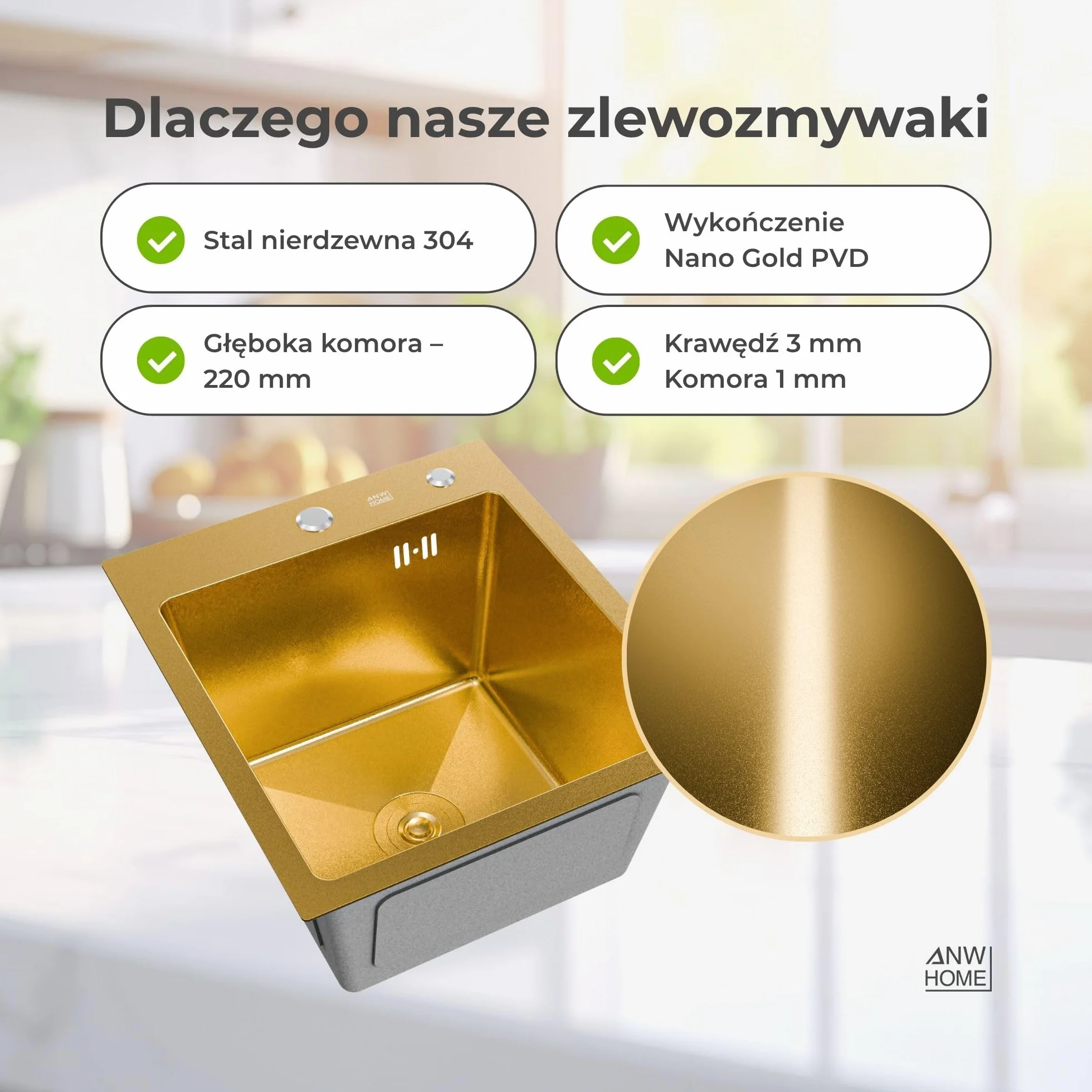 ANW HOME Zlewozmywak Kuchenny 1-komorowy 40x45 cm, Złoty PVD | Wpuszczany, Powłoka Nano, Grubość 3,0+1 mm, Głębokość 22 cm, Z Syfon, Dozownik