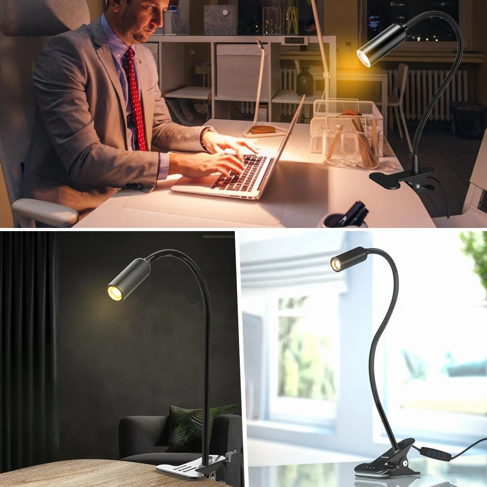 2 sztuki lamp zaciskowych LED z wtyczką, lampa biurkowa LED, zaciskowa, lampka do czytania książek, zacisk kablowy, lampka do czytania, zacisk do łóżka, elastyczna łabędzia szyja 360°, na biurko