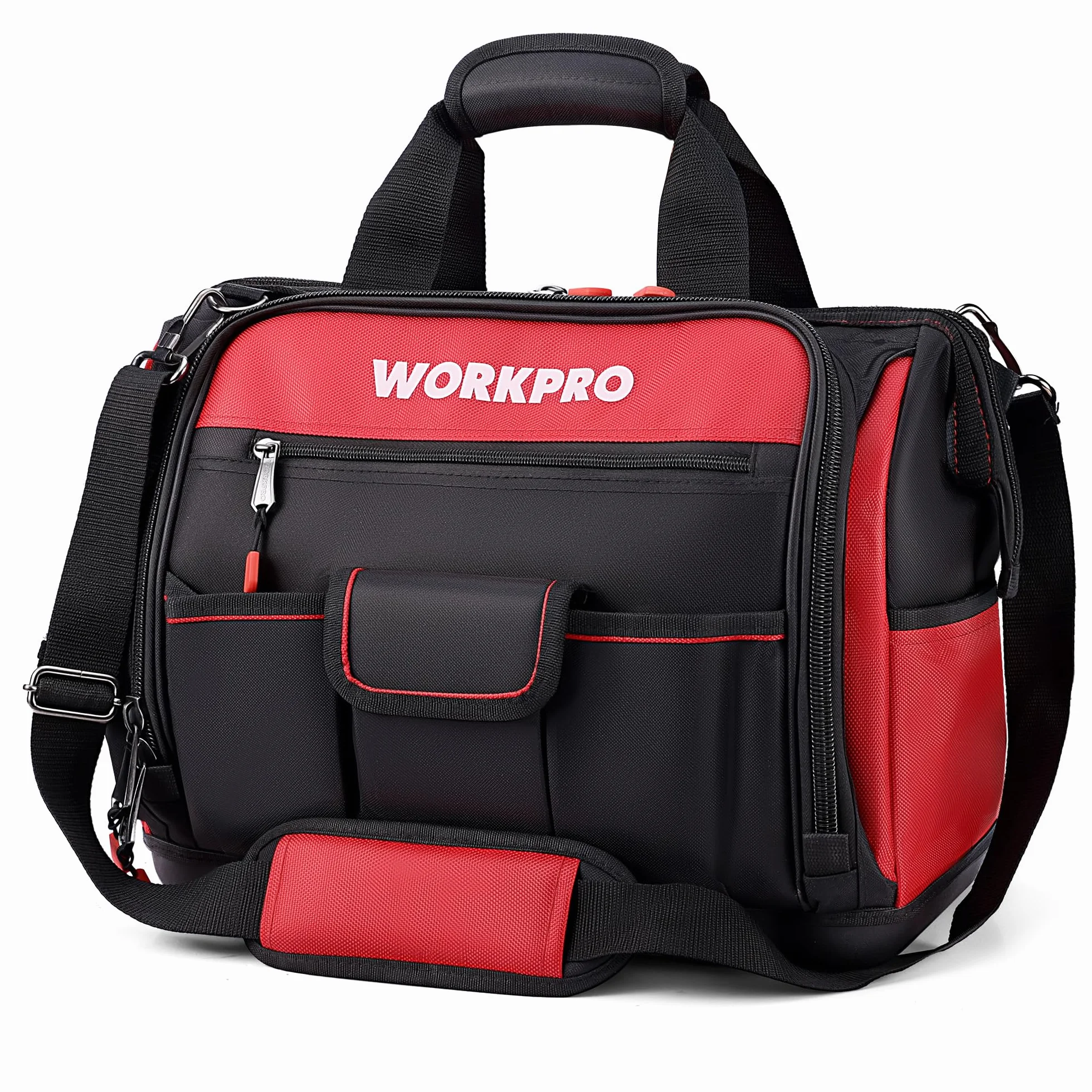 WORKPRO Wytrzymała torba na narzędzia, szeroki otwór, duża pojemność, wodoodporna twarda podstawa, 39 kieszeni z elastycznym i haczykiem, maksymalne obciążenie 28 kg/62 lb, dla elektryka, naprawy | Torba na narzędzia o dużej pojemności, regulowany pasek n