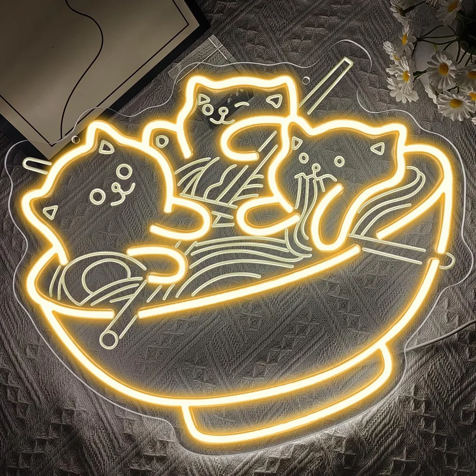 Światła LED z motywem kota, ramen, kawaii, anime, podświetlany znak do restauracji, domu, baru, kuchni, sypialni, japońskiego sklepu, makaronu, ściemniany, neonowy, prezent dla miłośników kotów