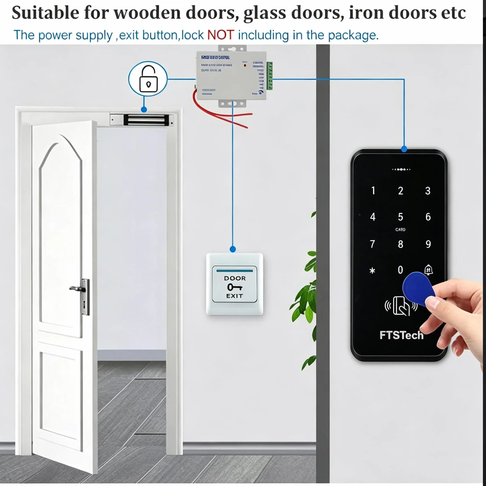 Wodoodporny system kontroli dostępu do drzwi DC12V IP68 RFID, 3000 użytkowników+10 Keyfo Niebieski (IC 13,56MHz)