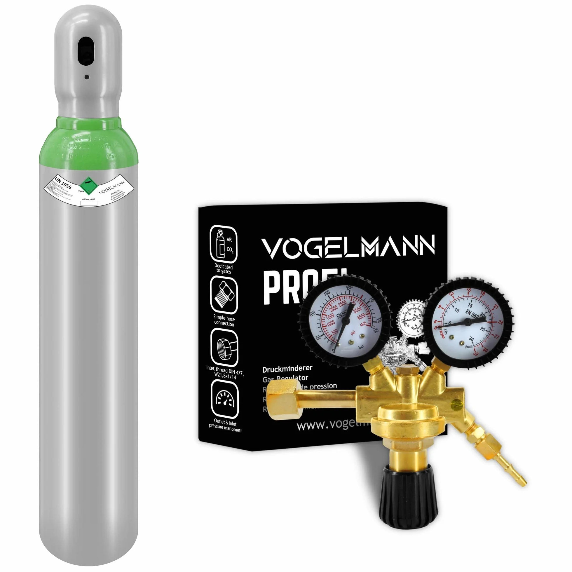 8L 1,5 m3 argon/CO2 butla z profesjonalnym regulatorem Vogelmann, cylinder gazowy do spawania, butla gazowa do spawania