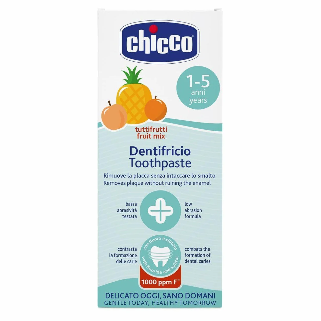 Chicco Pasta do Zębów dla Dzieci Owocowa, o Niskiej Ścieralności, z Fluorem i Ksylitolem, Bez Konserwantów, Pomaga Zapobiegać Próchnicy Zębów i Usuwać Płytkę Nazębną - 50 ml, od 1+ lat