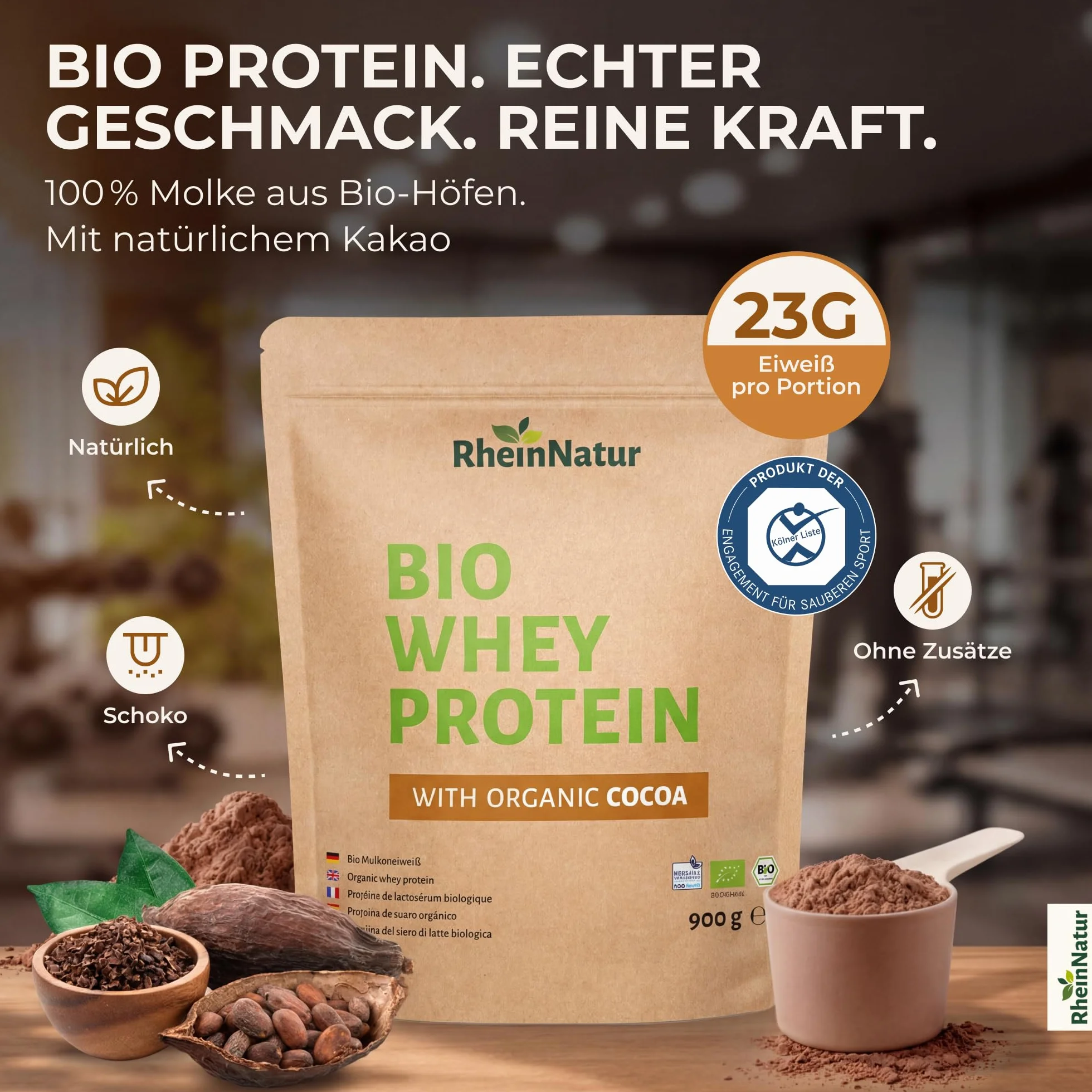 RheinNatur Bio Whey Protein-proszek Kakao 900 g - Proszek białkowy z bio-proszkiem kakaowym i bez soi - 100% białko z serwatki dla koktajli białkowych