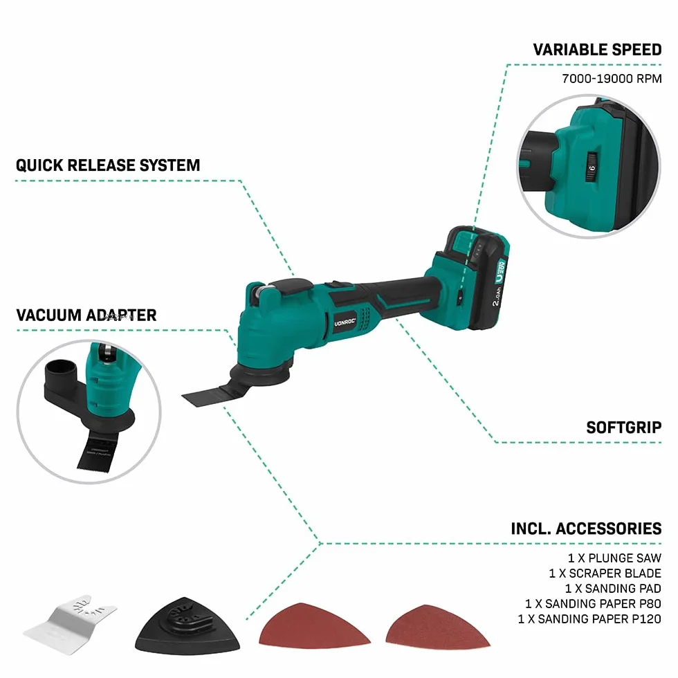 VONROC Multitool oscylator akumulatorowy 20 V, 6 prędkości, 7000-19 000 obr./min, akumulator 2,0 Ah, szybkie ładowanie, skrobaczka, ostrze zanurzeniowe, taca i papier ścierny