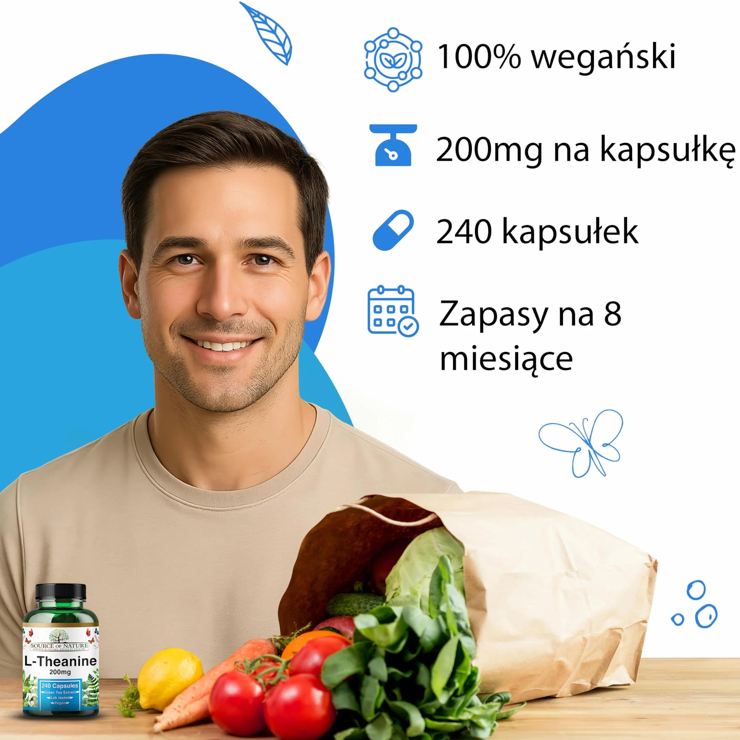 L-Teanina 200 mg – 240 Kapsułek Wegetariańskich – Aminokwas o Wysokiej Mocy z Zielonej Herbaty | Zapas na 8 Miesięcy | 98% Czystości, Bez Dodatków | Wyprodukowano w Danii