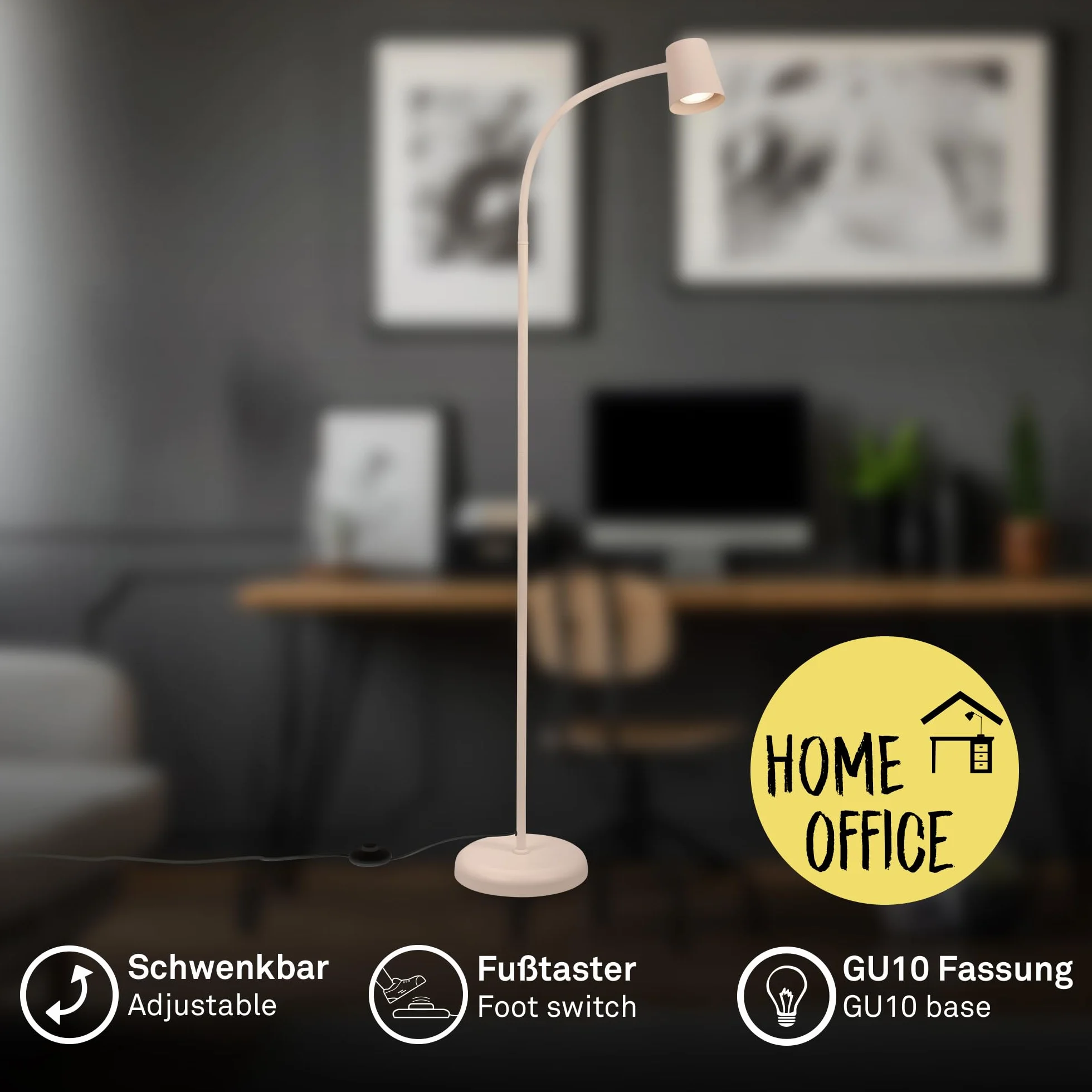 BRILONER - Lampa podłogowa z włącznikiem nożnym, GU10 max 9W, obrotowa, uplighter, do czytania i dekoracji, 21x127,5 cm, beżowy – wygodne sterowanie i stylowy design