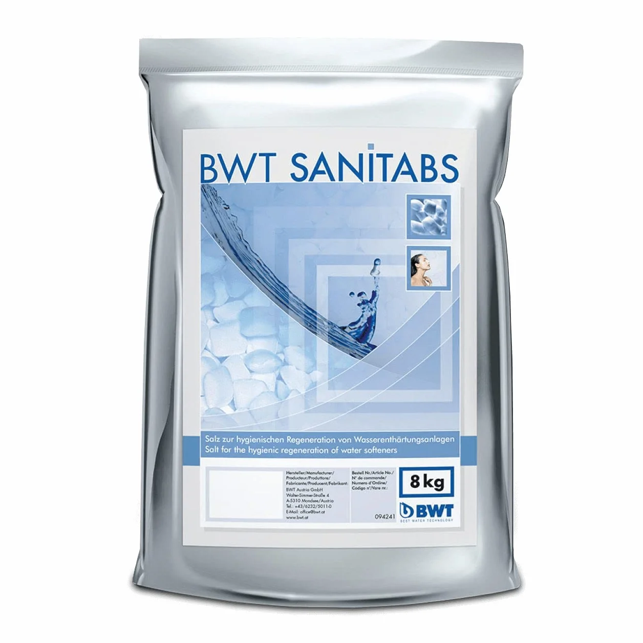 BWT Sanitabs sól regenerująca z efektem higienicznym do zmiękczacza wody BWT serii AQA | 8 kg | do instalacji zmiękczających AQA | zintegrowany składnik czyszczący | trwała higiena w pojemniku