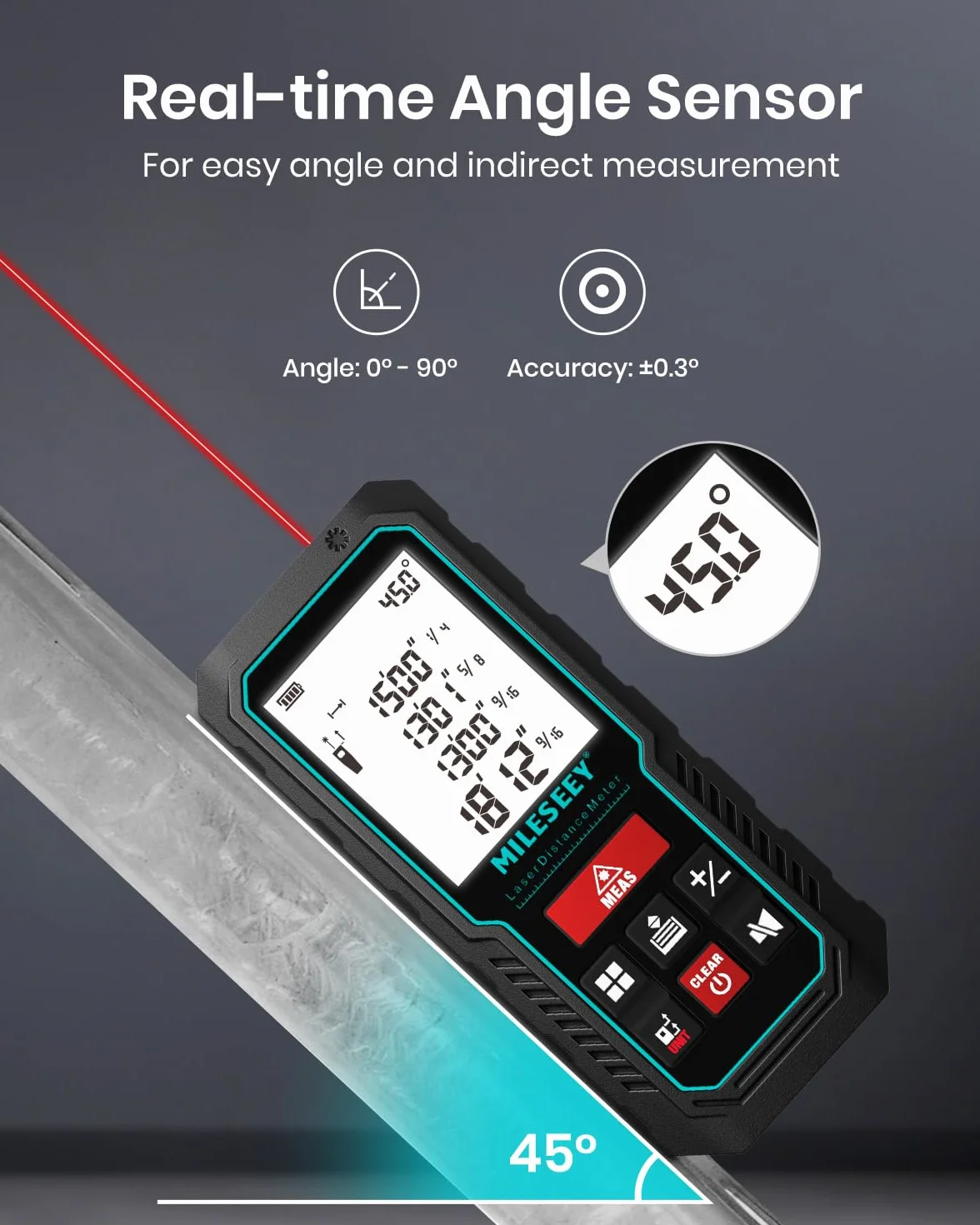 MiLESEEY 120M Laser Measure Device 229ft Digital Tape Measure Electronic Angle Sensor 2mm Accuracy