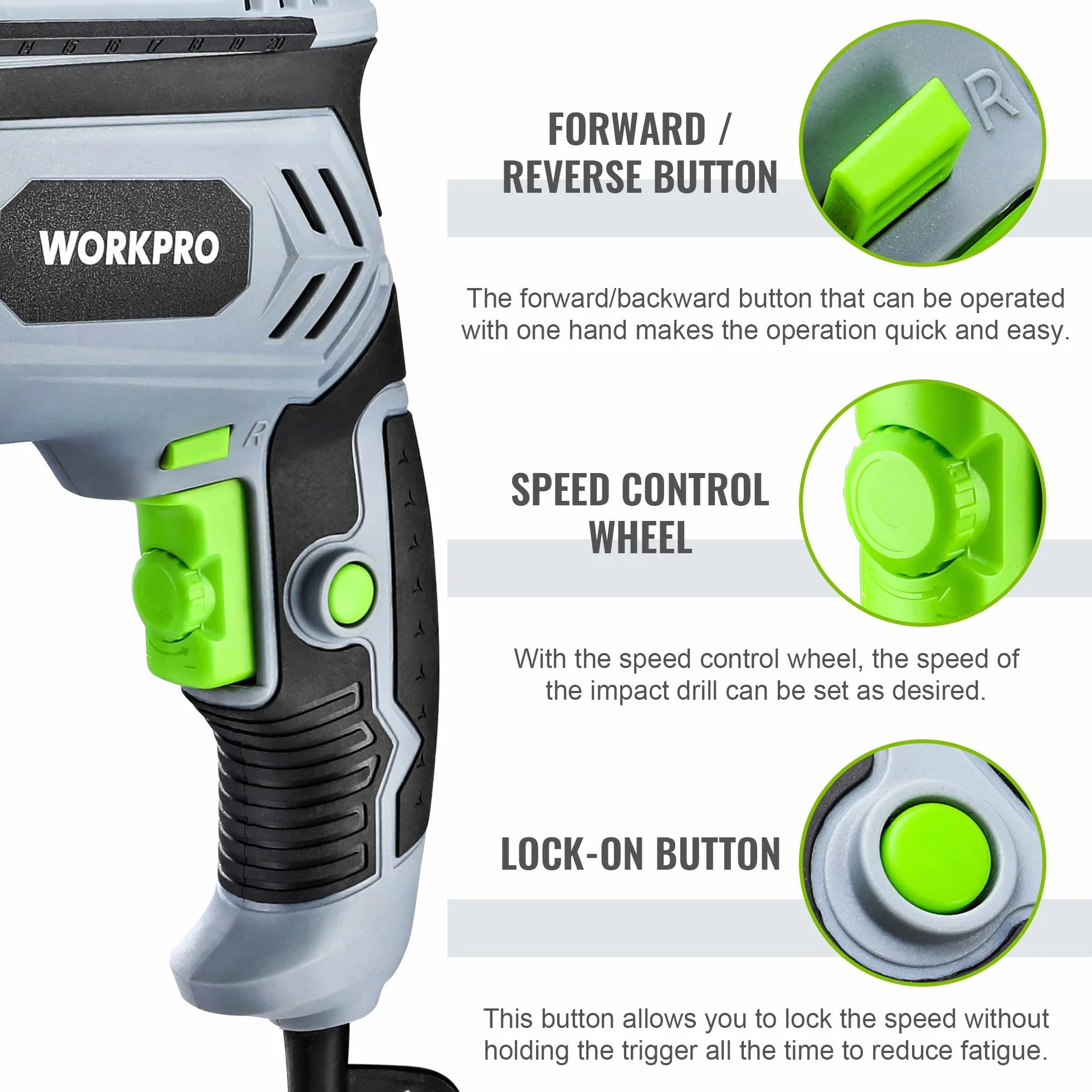 WORKPRO Wiertarka udarowa 850 W, wiertarka 3000 obr./min, młotek i wiertło 2 w 1 z uchwytem obrotowym 360°, uchwyt wiertarski 13 mm, w zestawie 3 wiertła spiralne i 2 wiertła do betonu