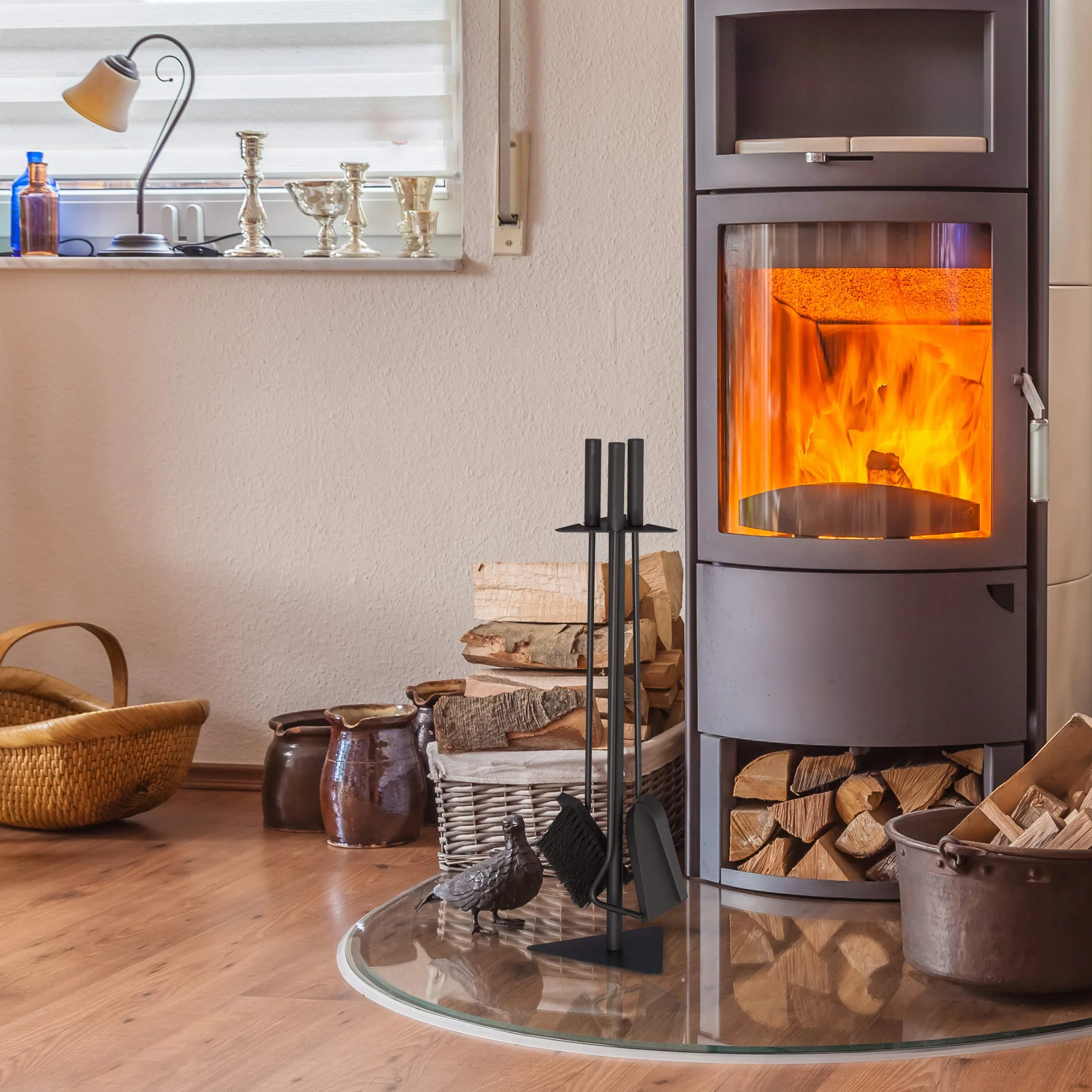 Relaxdays Sztućce kominkowe, 4-częściowy zestaw kominkowy z łopatą, miotłą, pogrzebaczem i uchwytem, nowoczesne sztućce do piekarnika, czarny, 80% stal, drewno, 10% tworzywo sztuczne