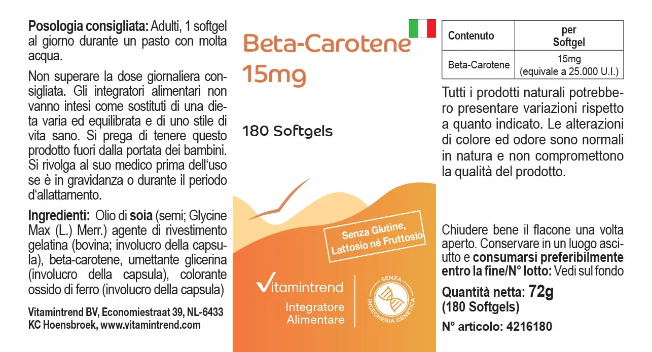 Vitamintrend Beta-karoten 15mg, 180 kapsułek po 15mg (odpowiada 25 000 j.m.), wysoka dawka, bez stearynianu magnezu, wyprodukowane w Niemczech.