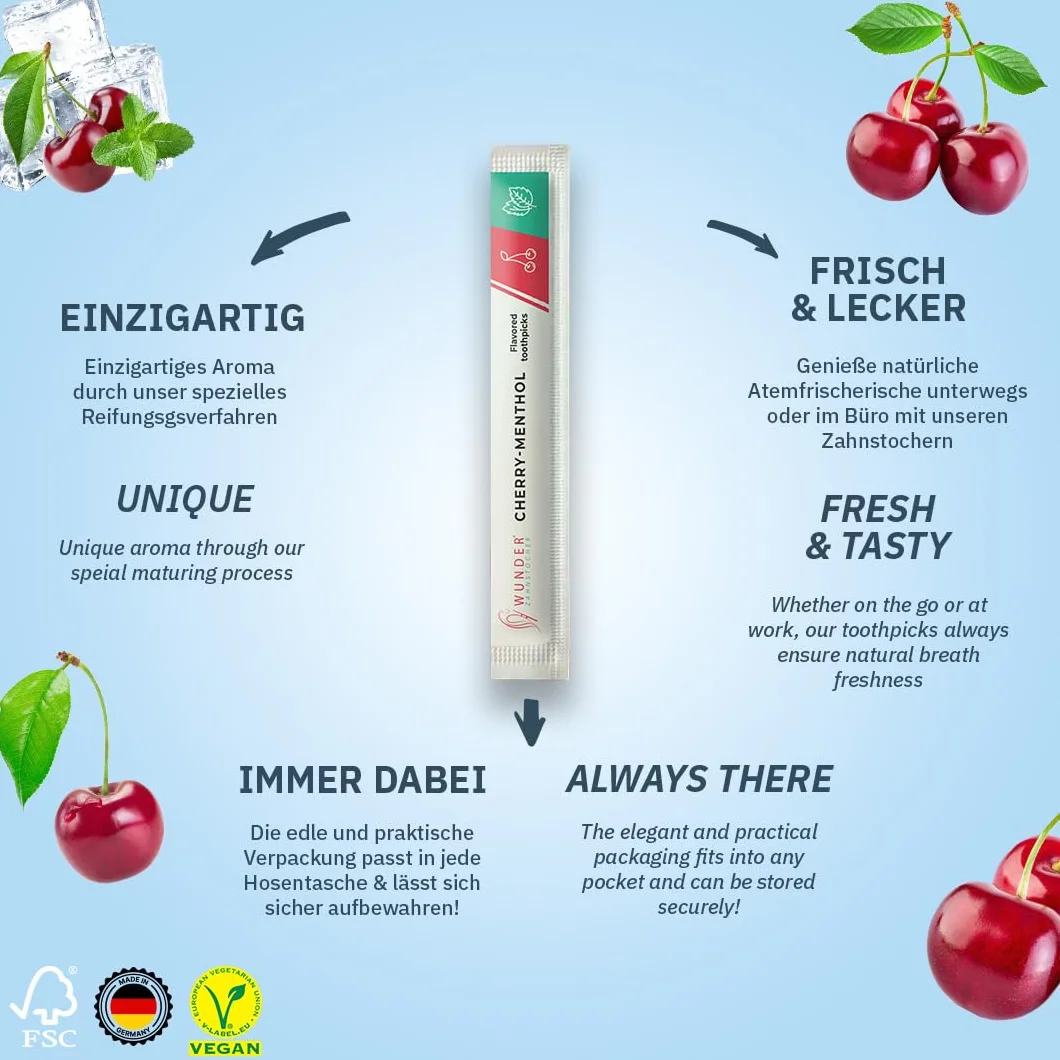 Wunder Wykałaczki o aromacie - 100x indywidualnie zapakowane wykałaczki - dostępne w 7 orzeźwiających smakach - delikatna higiena jamy ustnej - świeży oddech - indywidualnie zapakowane wykałaczki o aromacie (Wiśnia - Mentol)