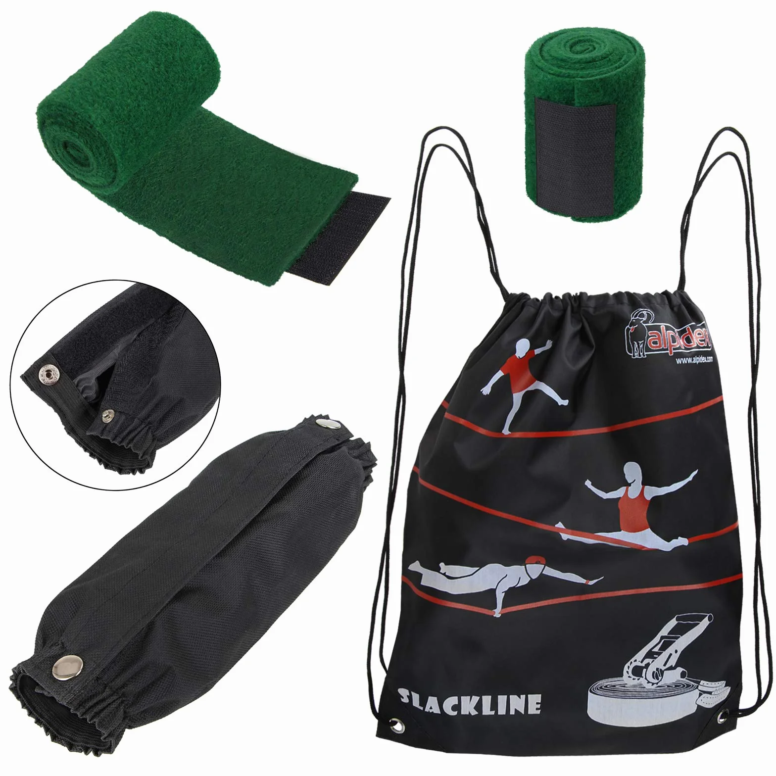 ALPIDEX Slackline Set 15m + osłona drzewa i napinacza grzechotka, odpowiedni dla dzieci początkujących zaawansowanych użytkowników