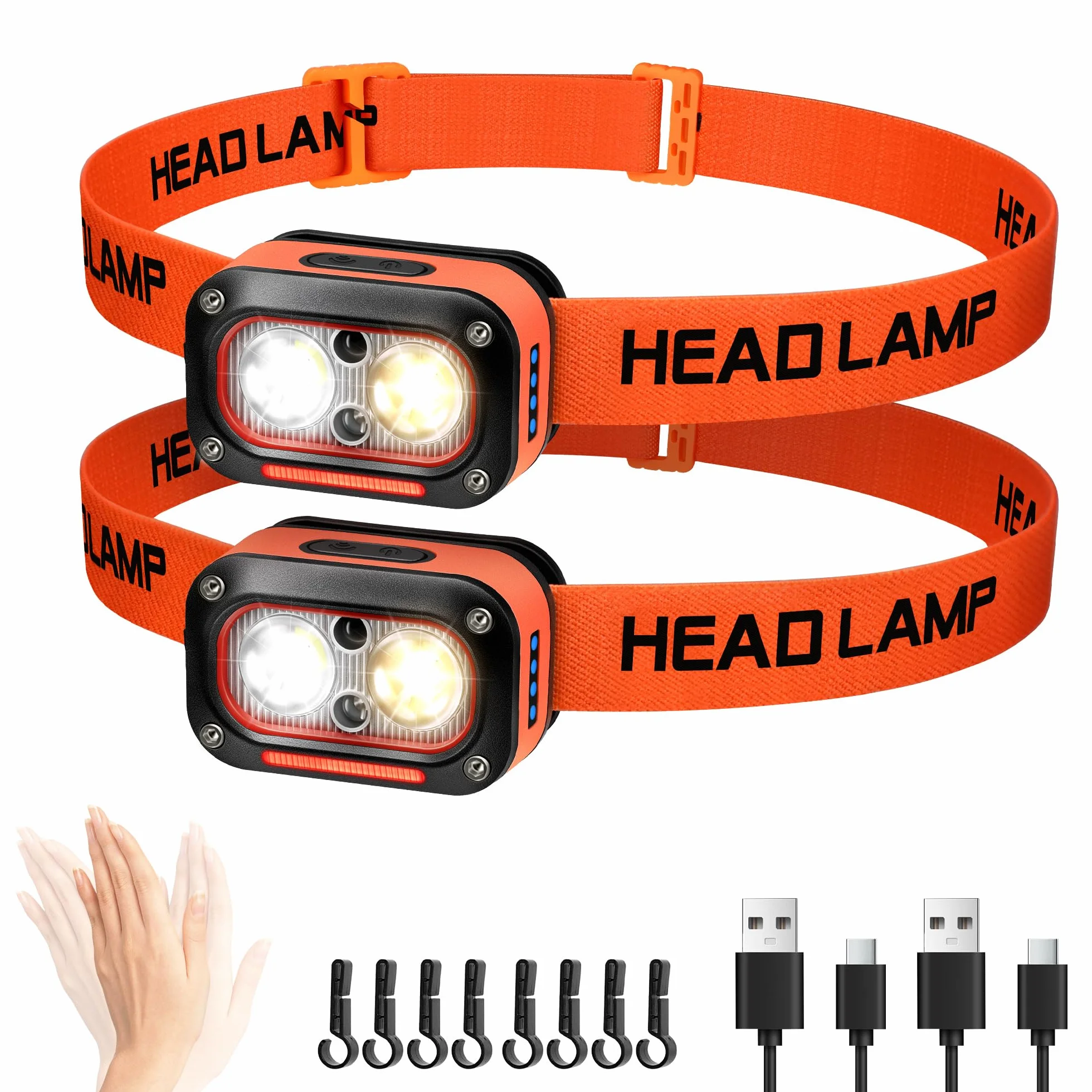 DARKBEAM Latarka czołowa LED wysokiej jasności ładowana, biała, ciepła, czerwona lampka czołowa do kasku z czujnikiem ruchu, wodoodporna head light do biwakowania, joggingu, turystyki pieszej, 2 szt